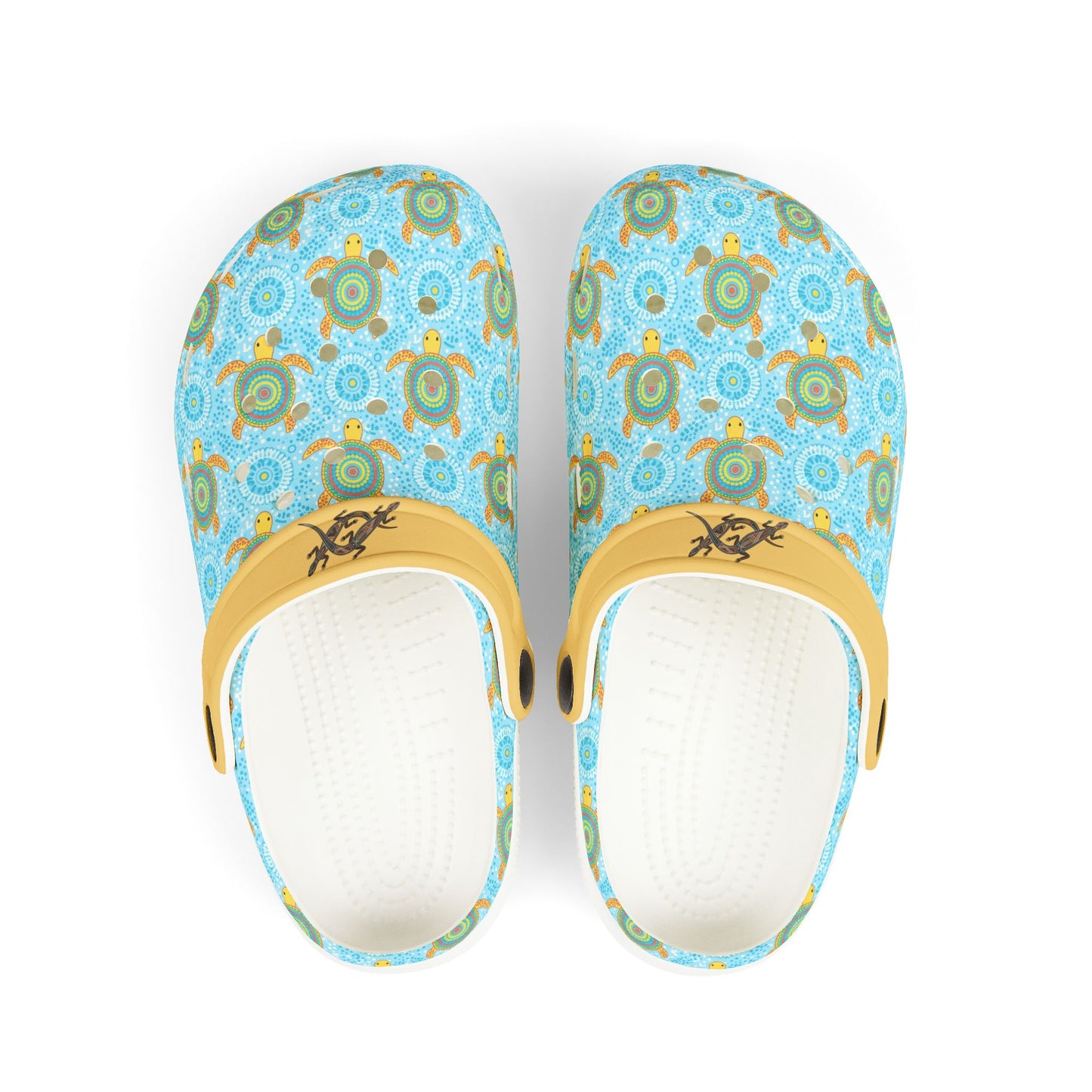 Light blue turtle-pattern casual clog shoe with white sole and yellow heel strap