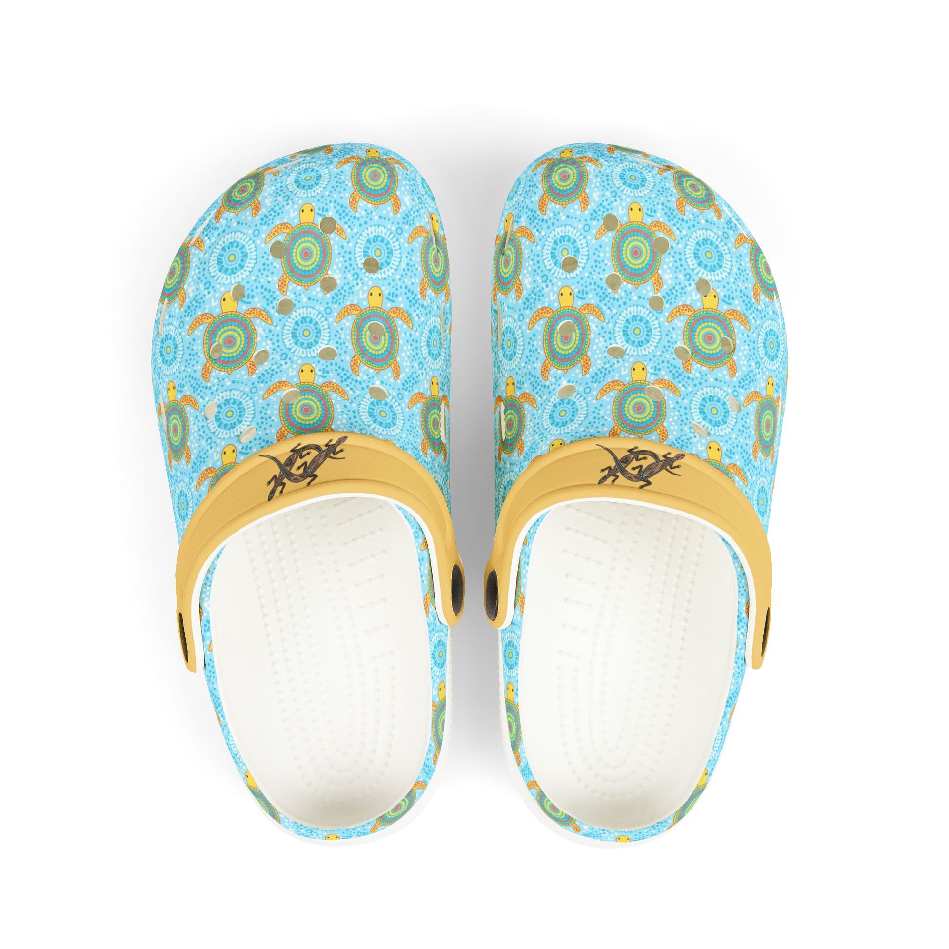 Light blue turtle-pattern casual clog shoe with white sole and yellow heel strap