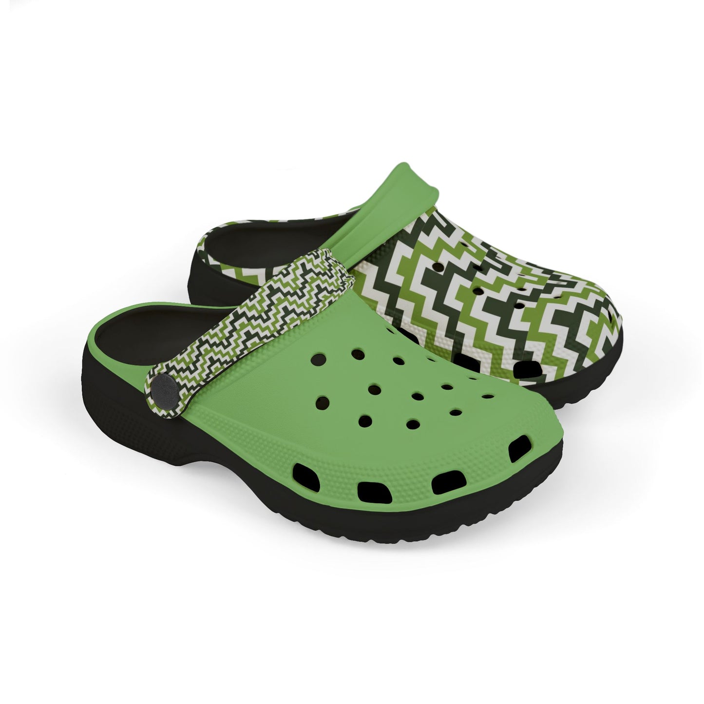 Zigzag clog sandals with green upper and black sole, perforated footbed