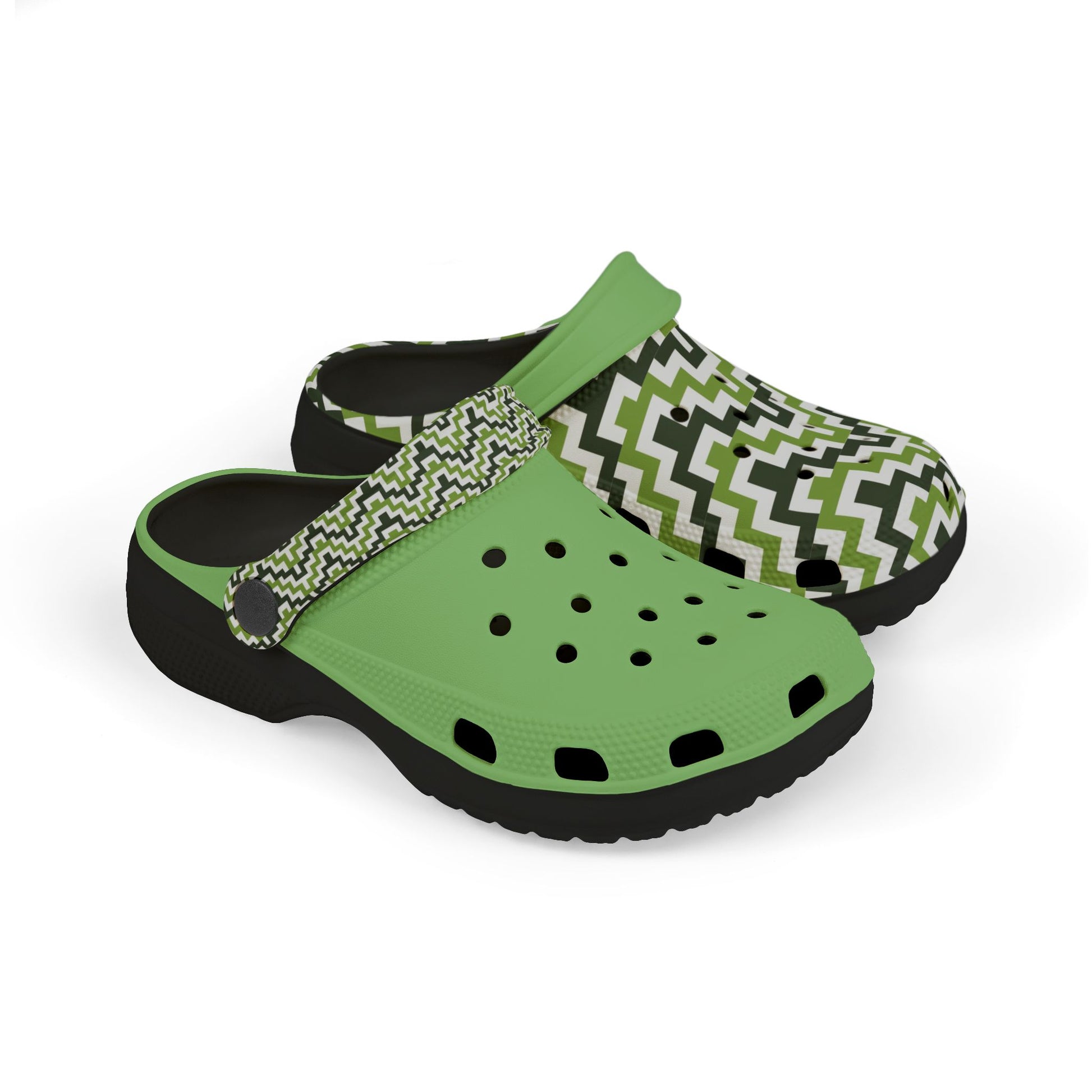 Zigzag clog sandals with green upper and black sole, perforated footbed