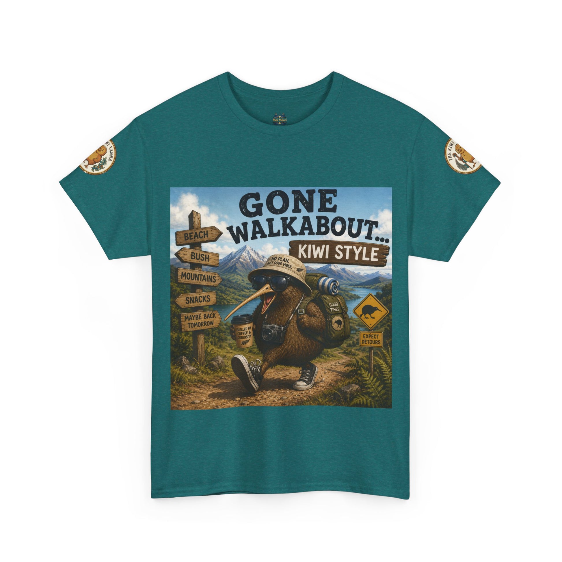 Teal crew-neck T-shirt with large kiwi adventure graphic on the front
