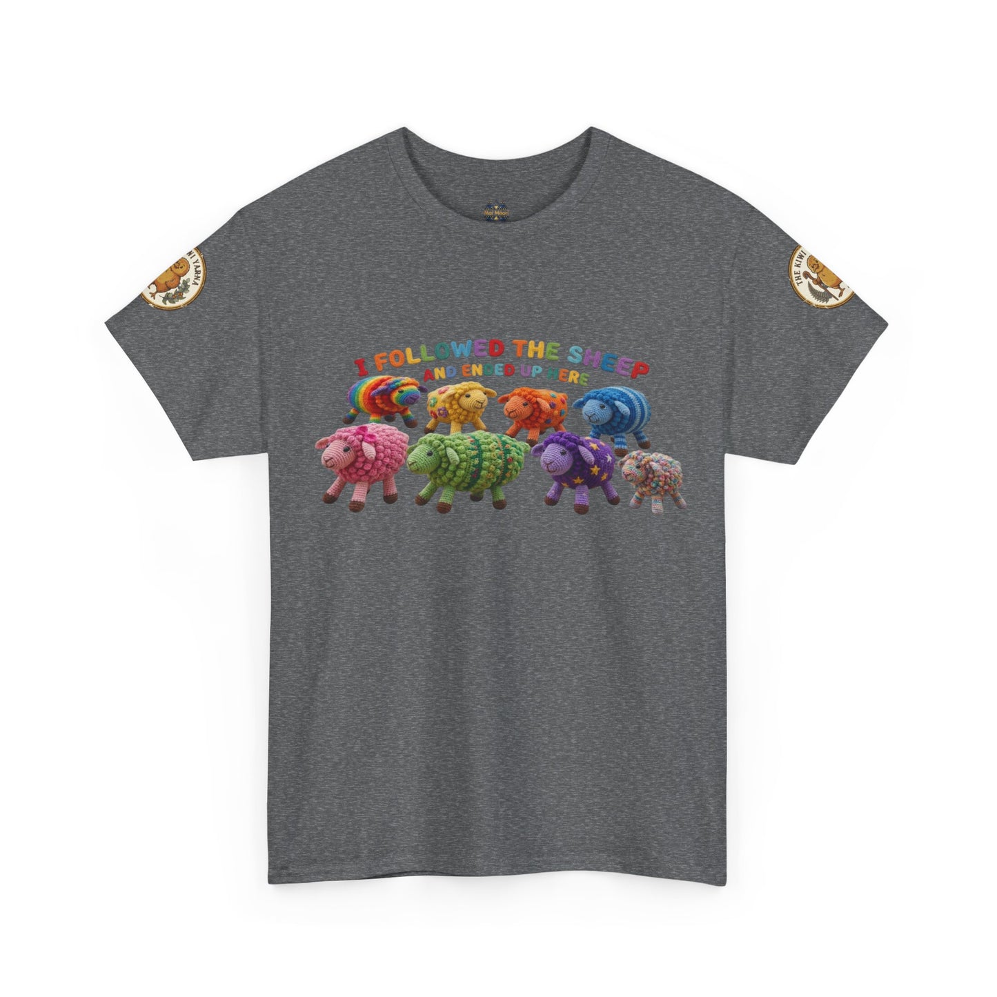 Grey short-sleeve T-shirt with colorful sheep graphic and small sleeve patch accents
