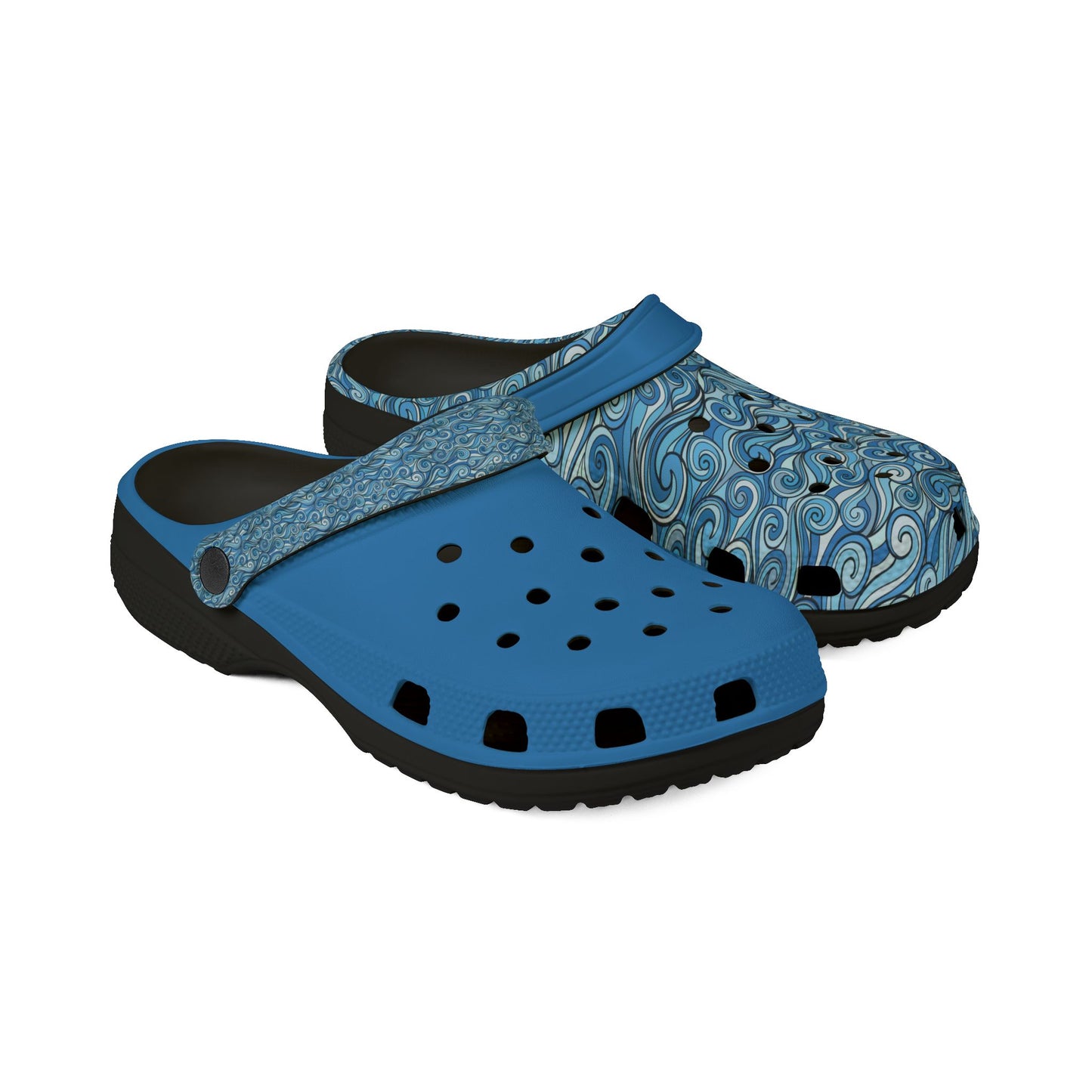 Blue patterned clog sandals with strap back, ventilation holes and dark sole