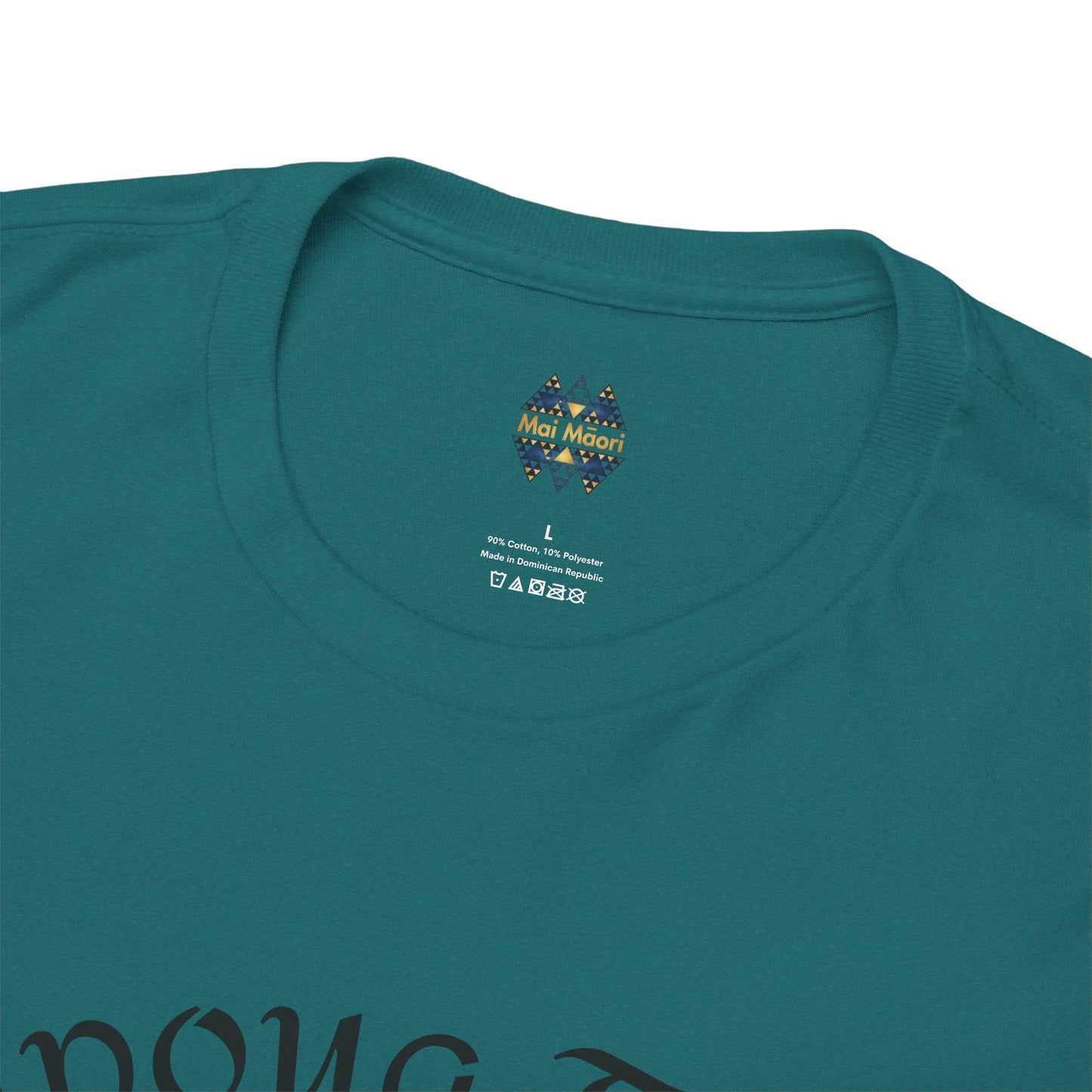 Teal T-shirt with small chest logo and printed neck label, close-up