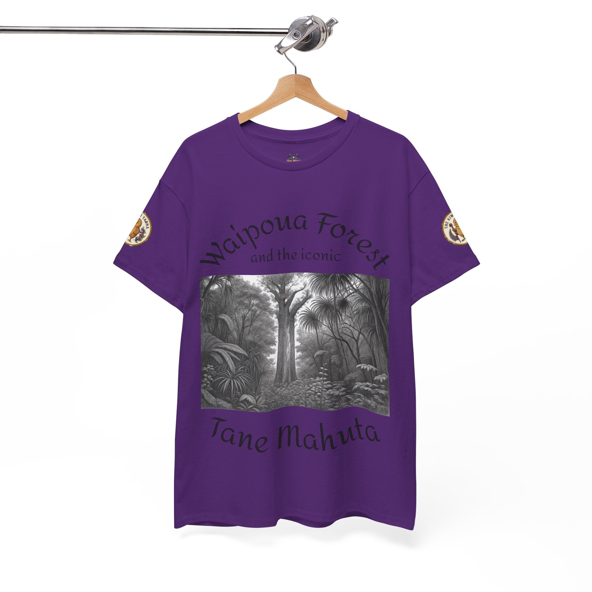 Graphic T-shirt in purple with forest-style graphic and crew neck, short sleeves