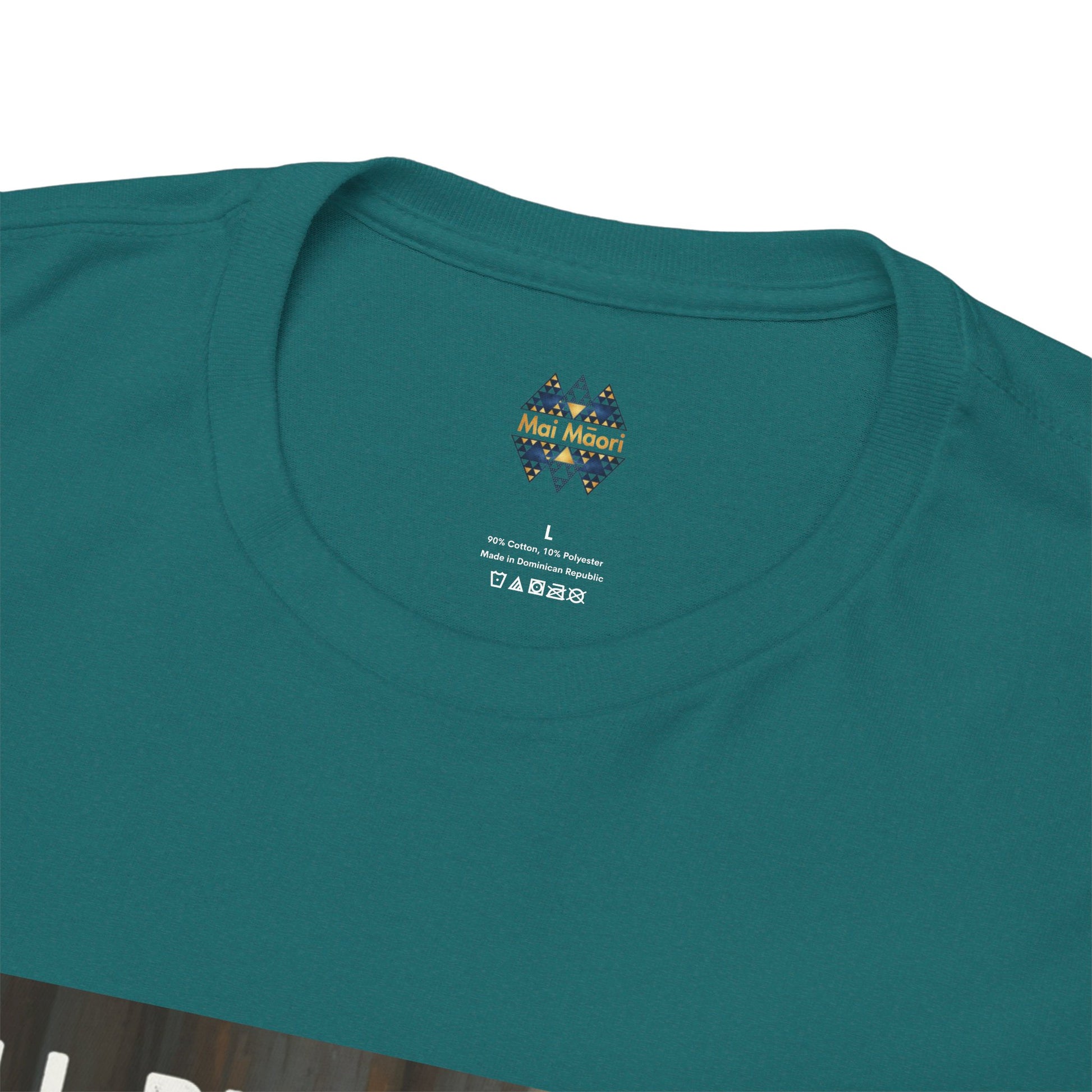 Teal crew-neck graphic T-shirt with small chest emblem logo