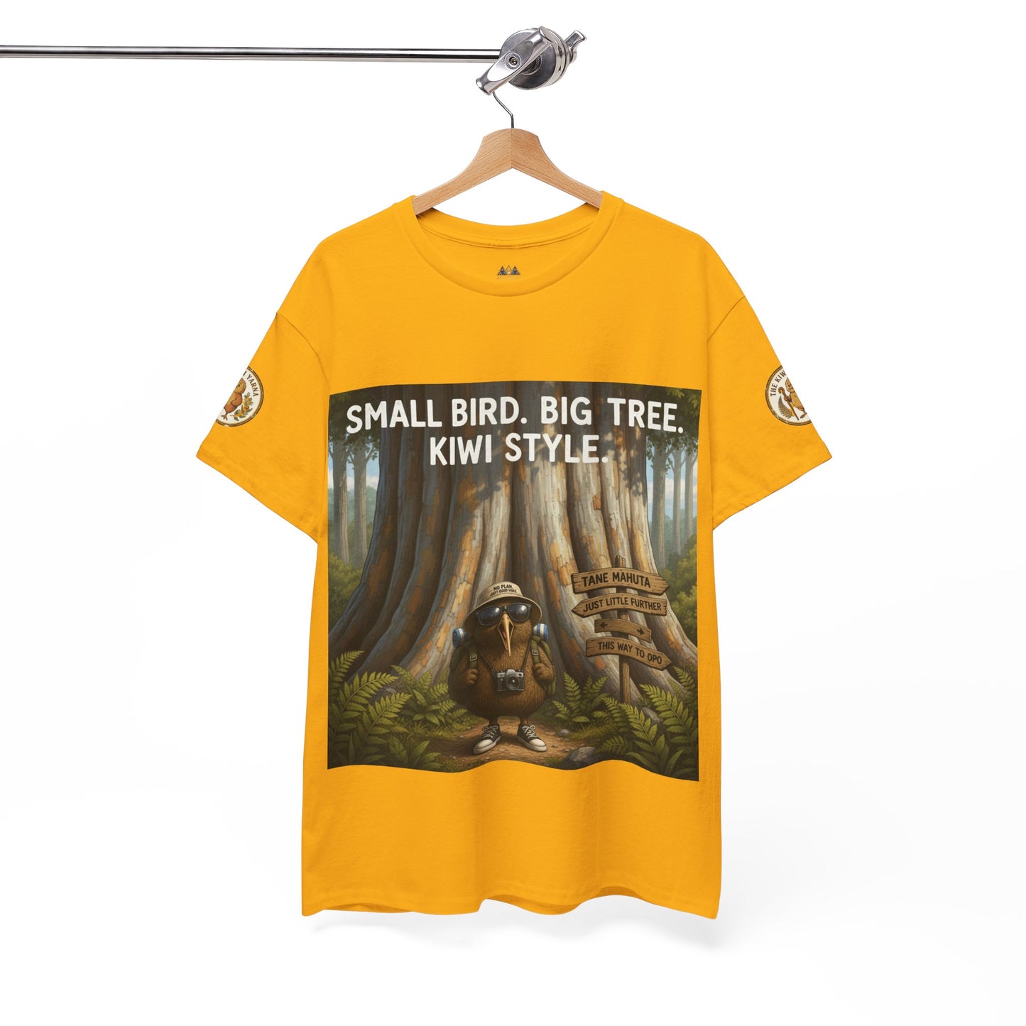 Bright yellow crew-neck t-shirt hanging with front forest kiwi-style graphic