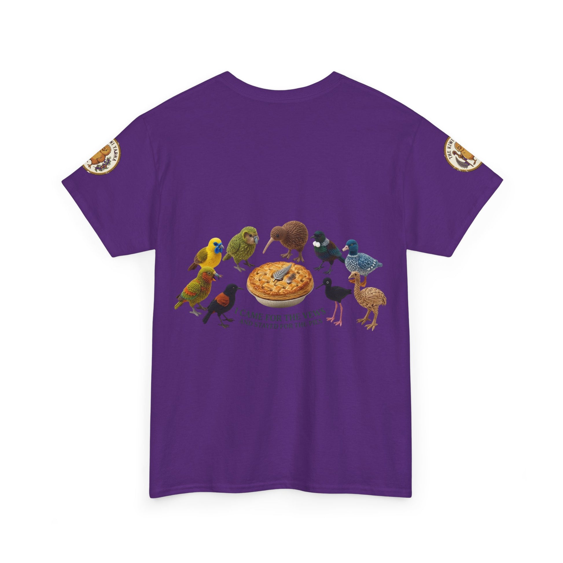 Purple graphic T-shirt with birds and pie-style emblem