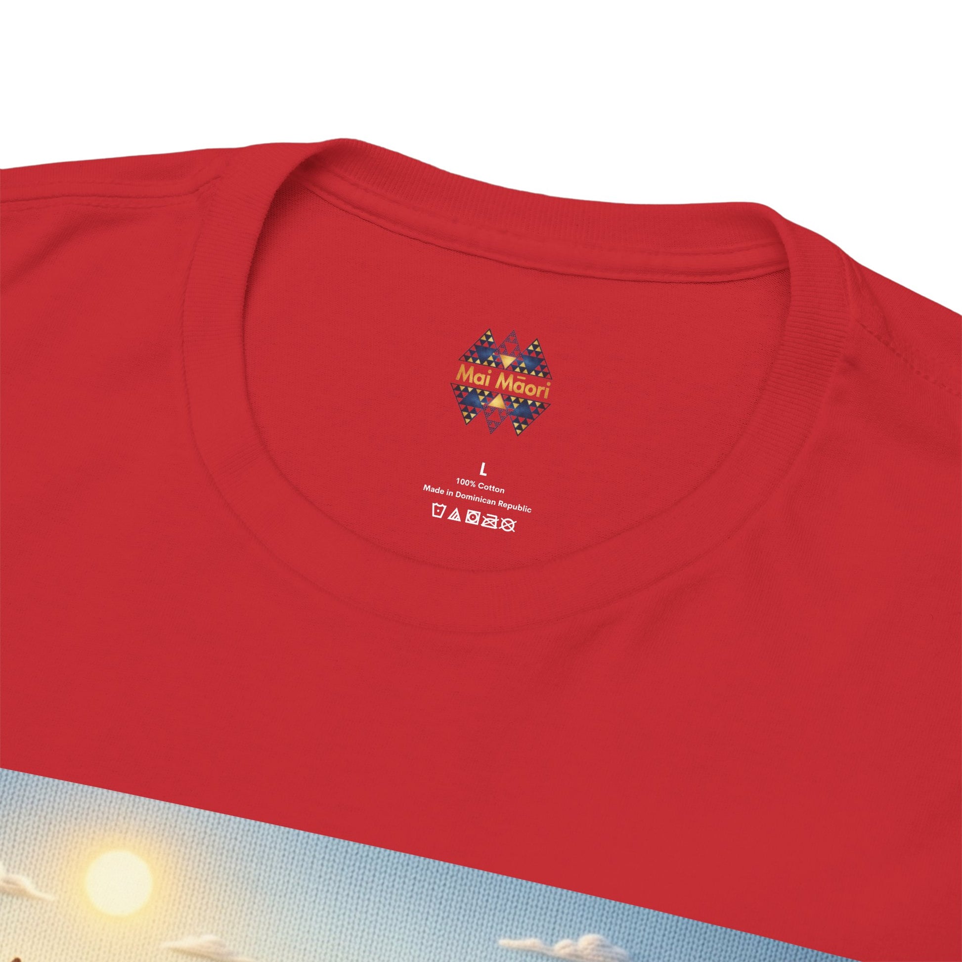 Red T-shirt neckline with small chest emblem and size label