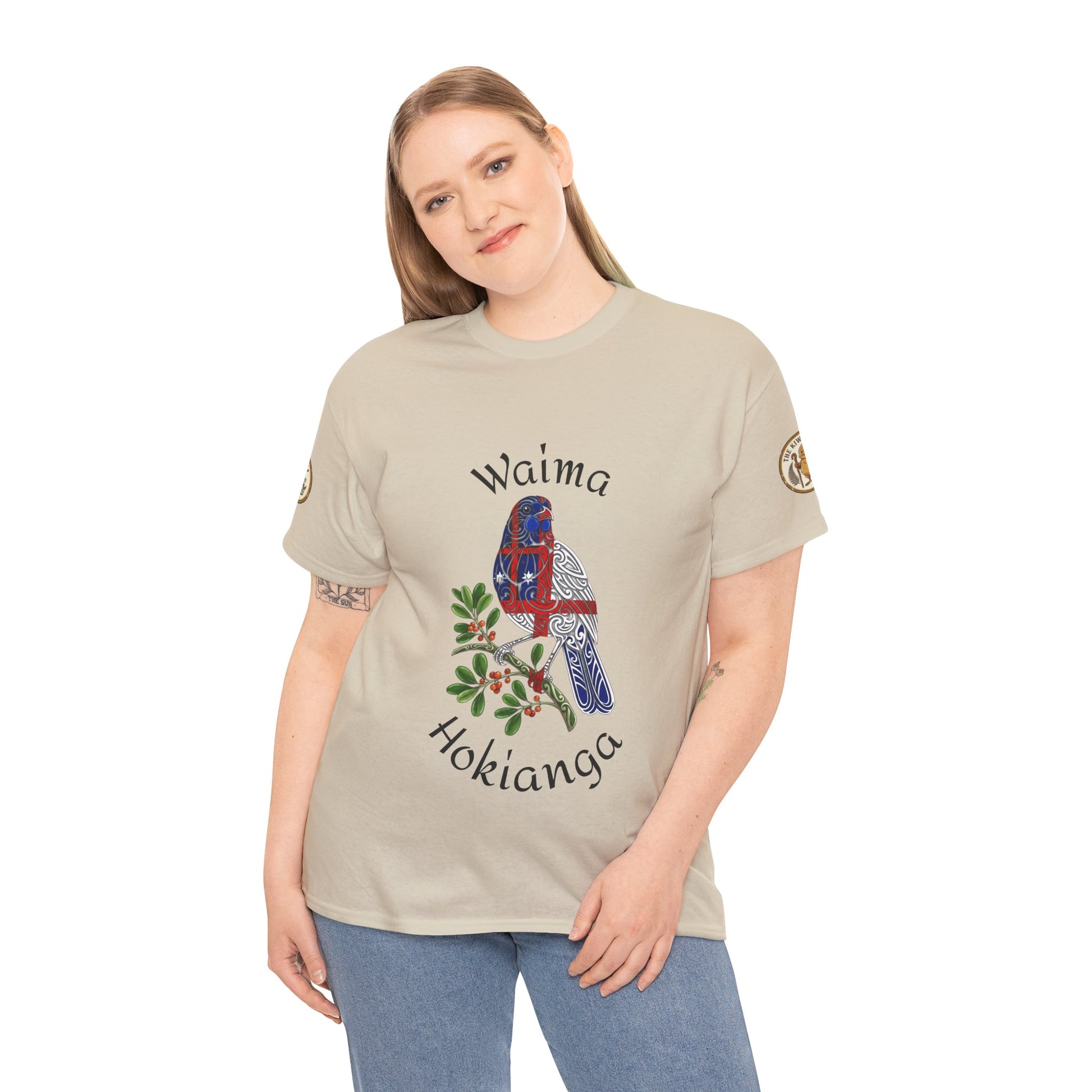Te Mahurehure-Tuhirangi Marae beige T-shirt with bird and floral front graphic