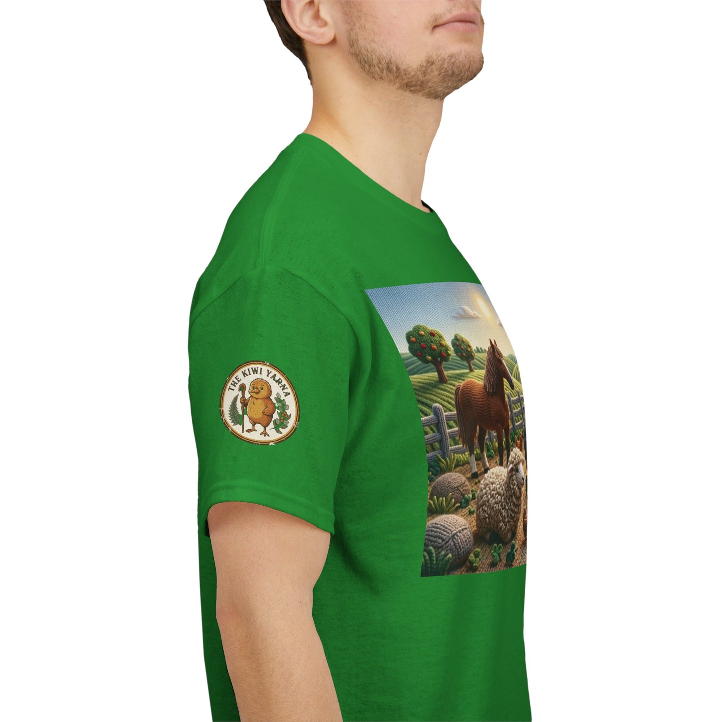 Green T-shirt with tractor-and-animals front graphic and circular sleeve emblem