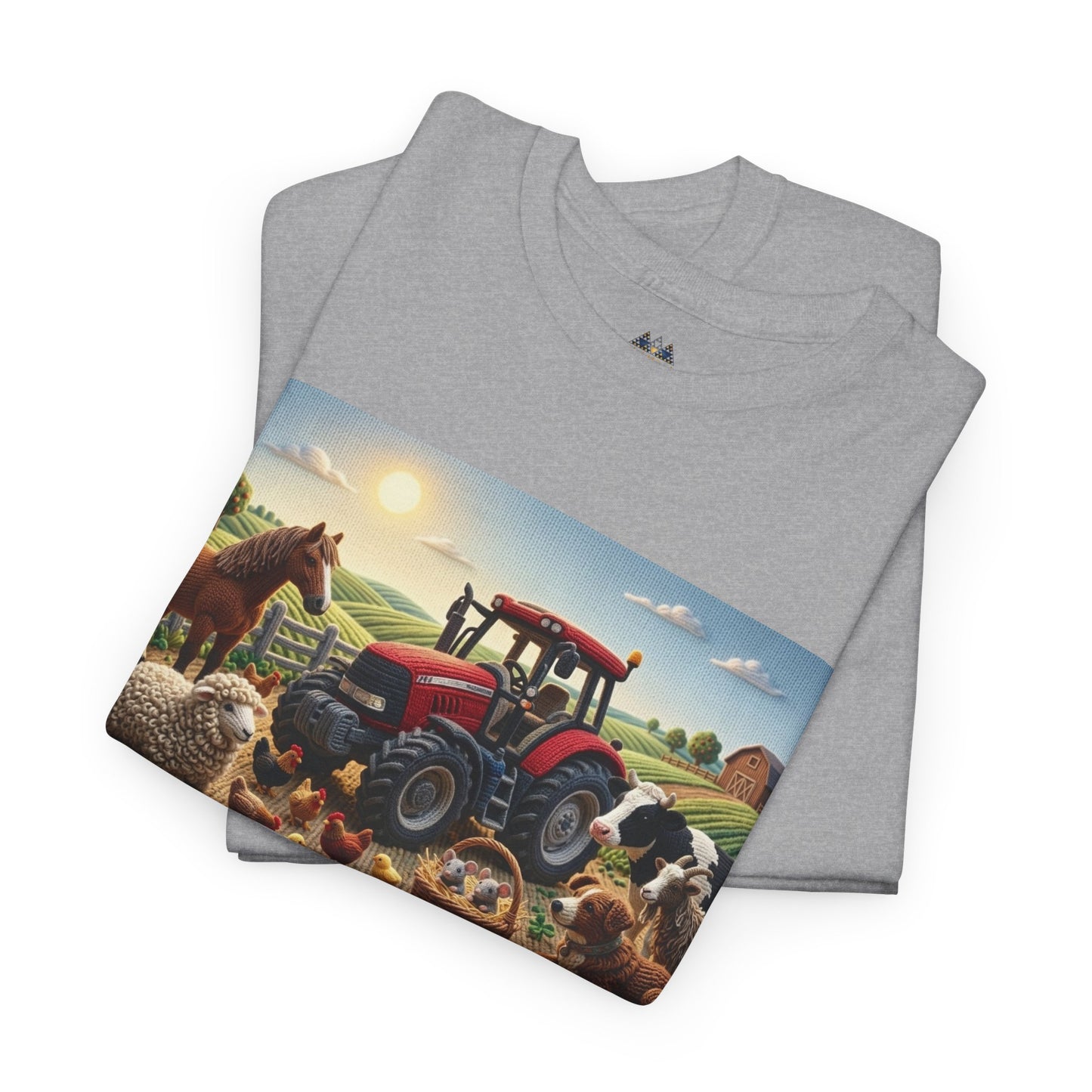 Folded heather gray T-shirts showing front farm tractor graphic.
