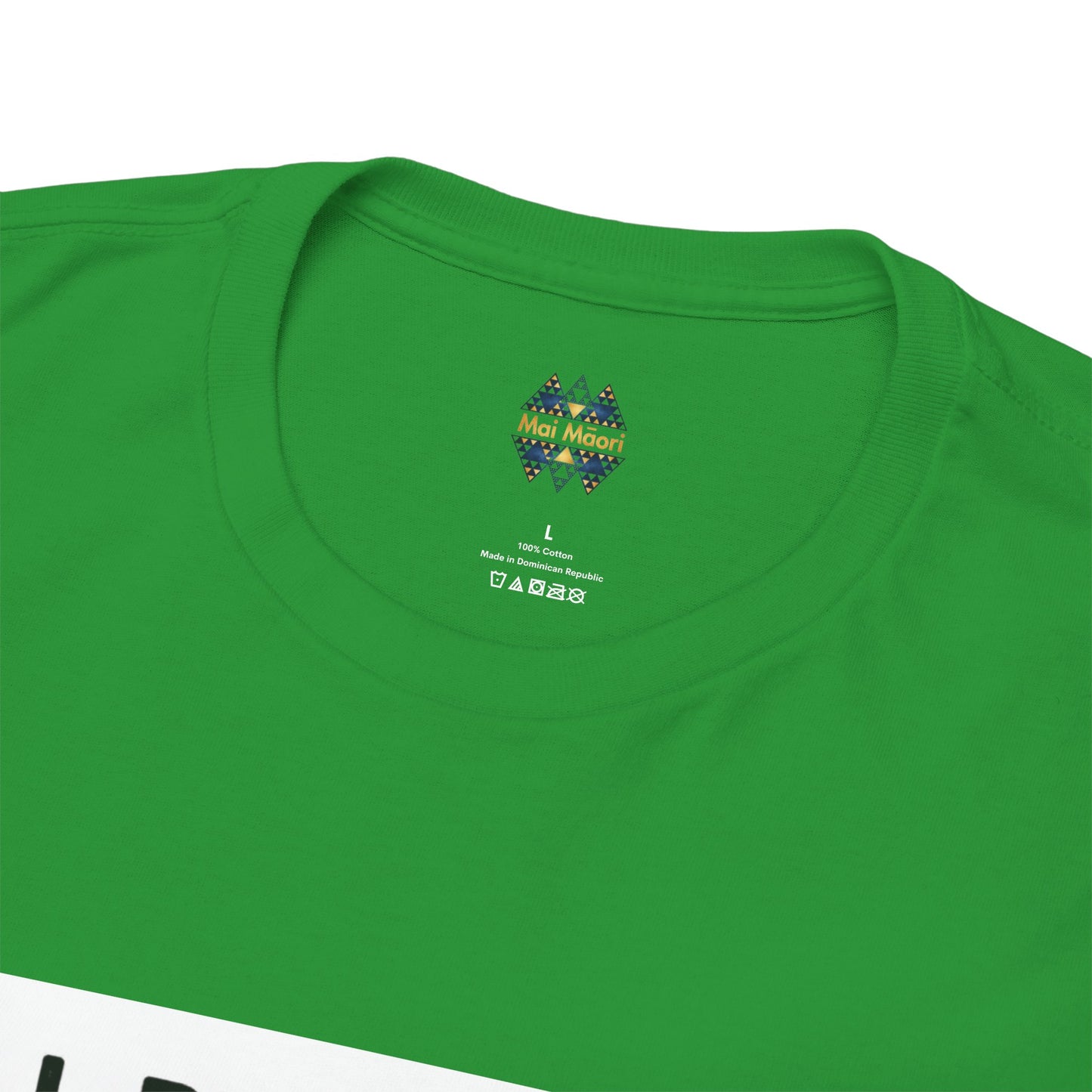 Green T-shirt back shows small multicolor logo at crew neck