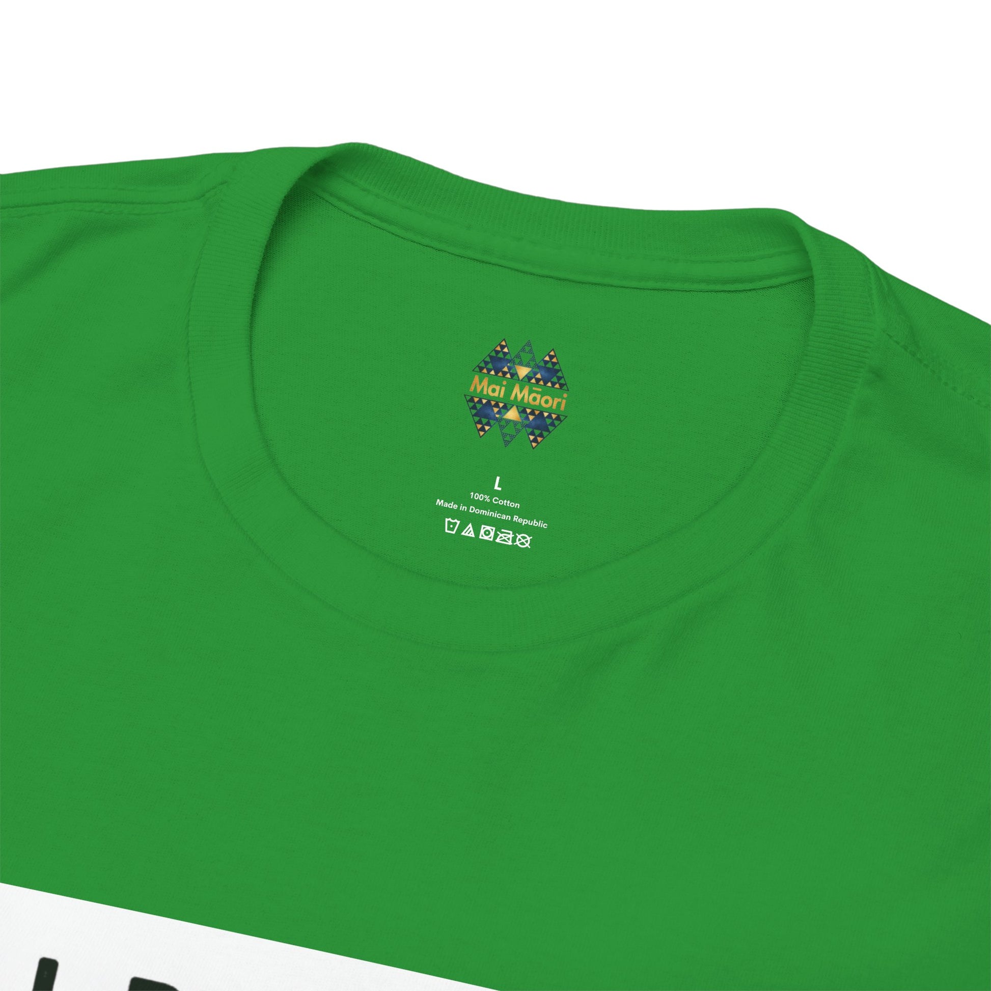Green T-shirt back shows small multicolor logo at crew neck
