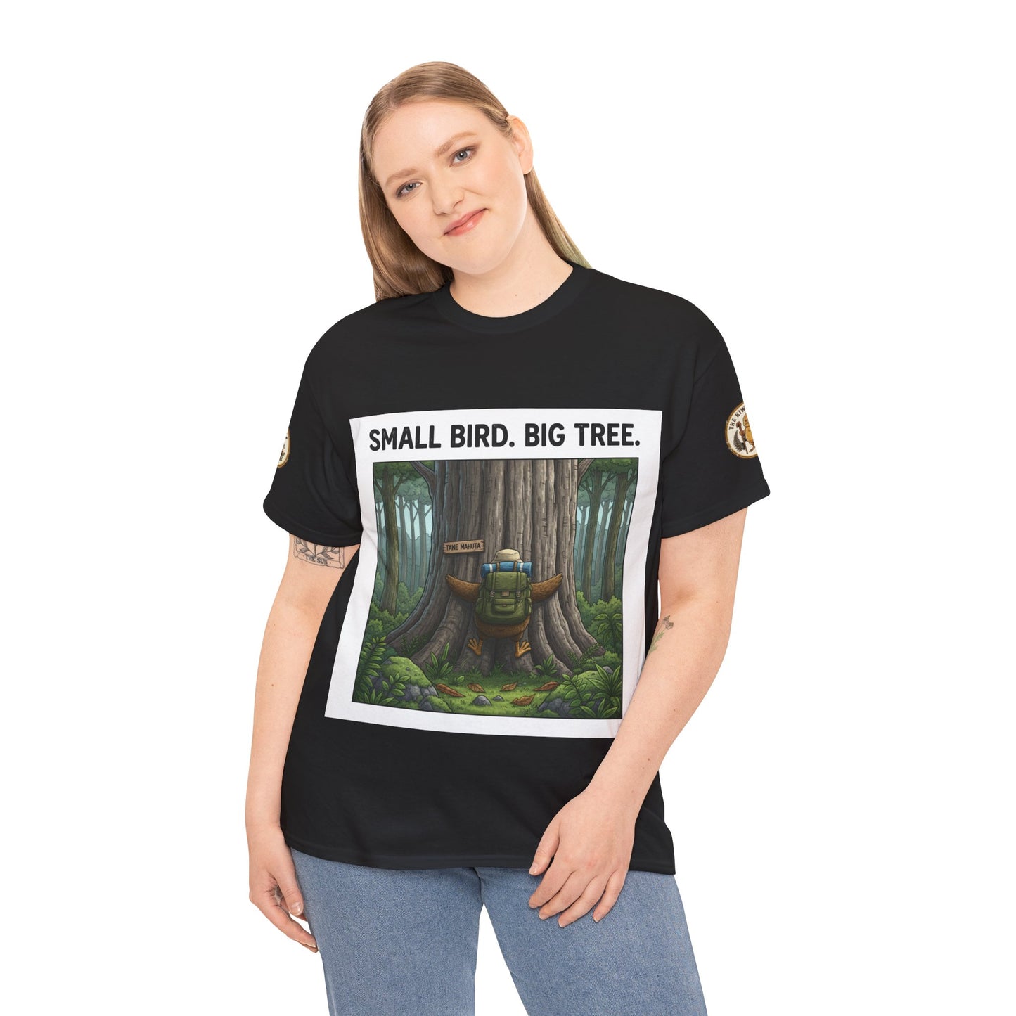 Black short-sleeve crew neck T-shirt with front “SMALL BIRD. BIG TREE.” forest print
