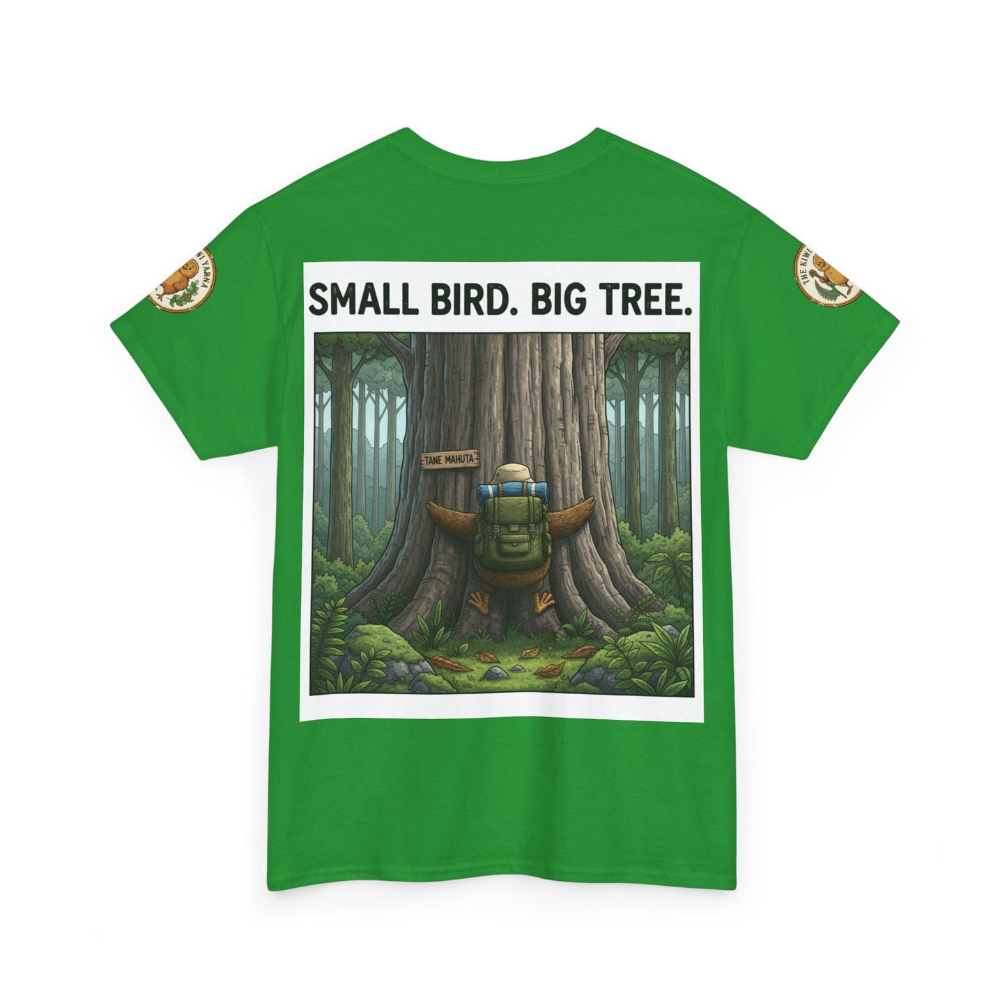 Green T-shirt with centered forest artwork and 'SMALL BIRD. BIG TREE' text