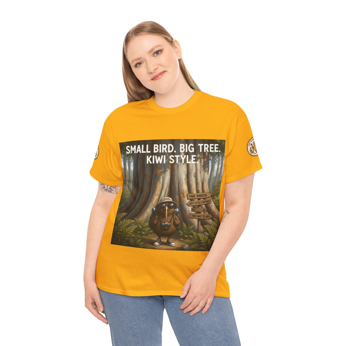 Mustard yellow crewneck T-shirt with rectangular forest animal graphic on the front