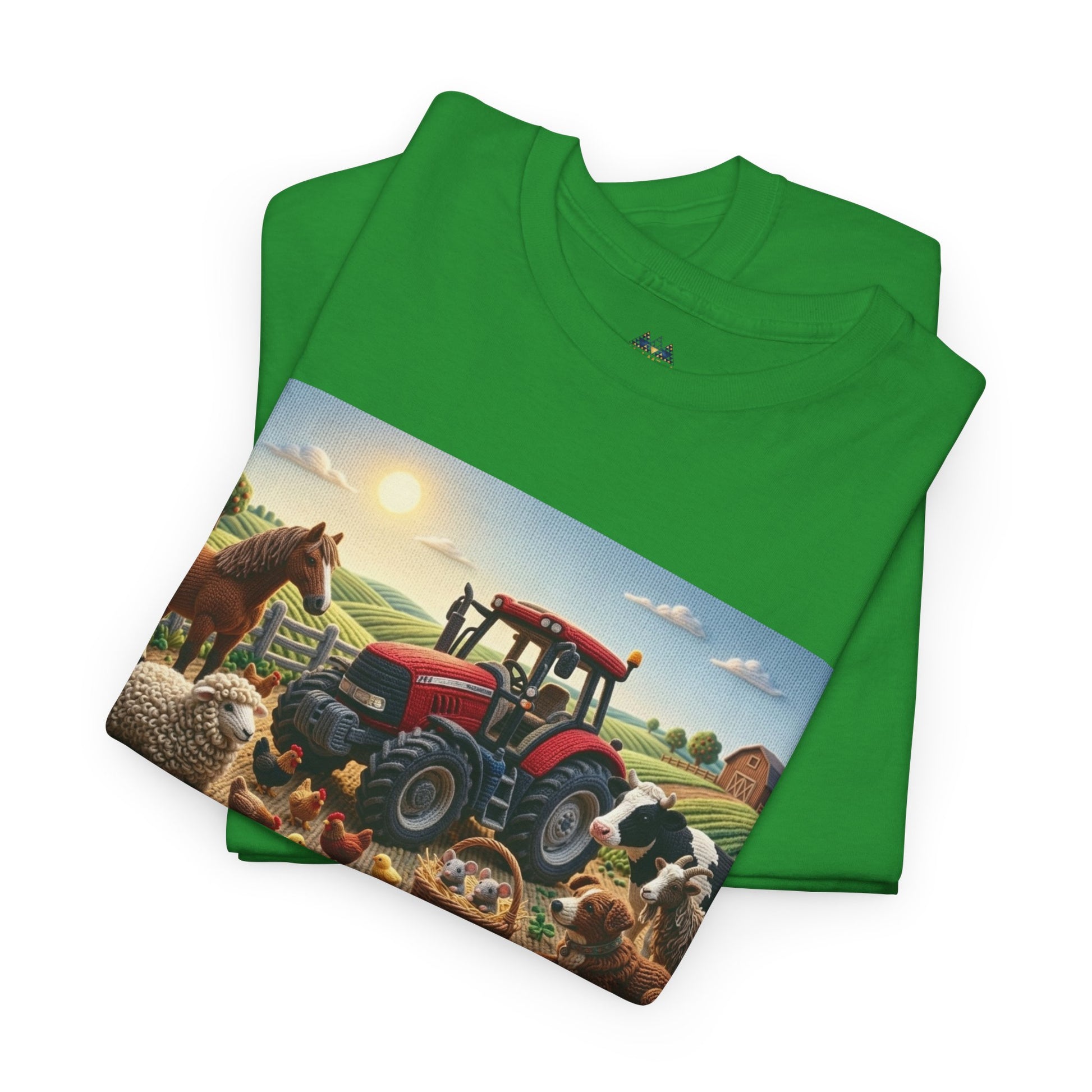 Green T-shirt with tractor and farm animals graphic print