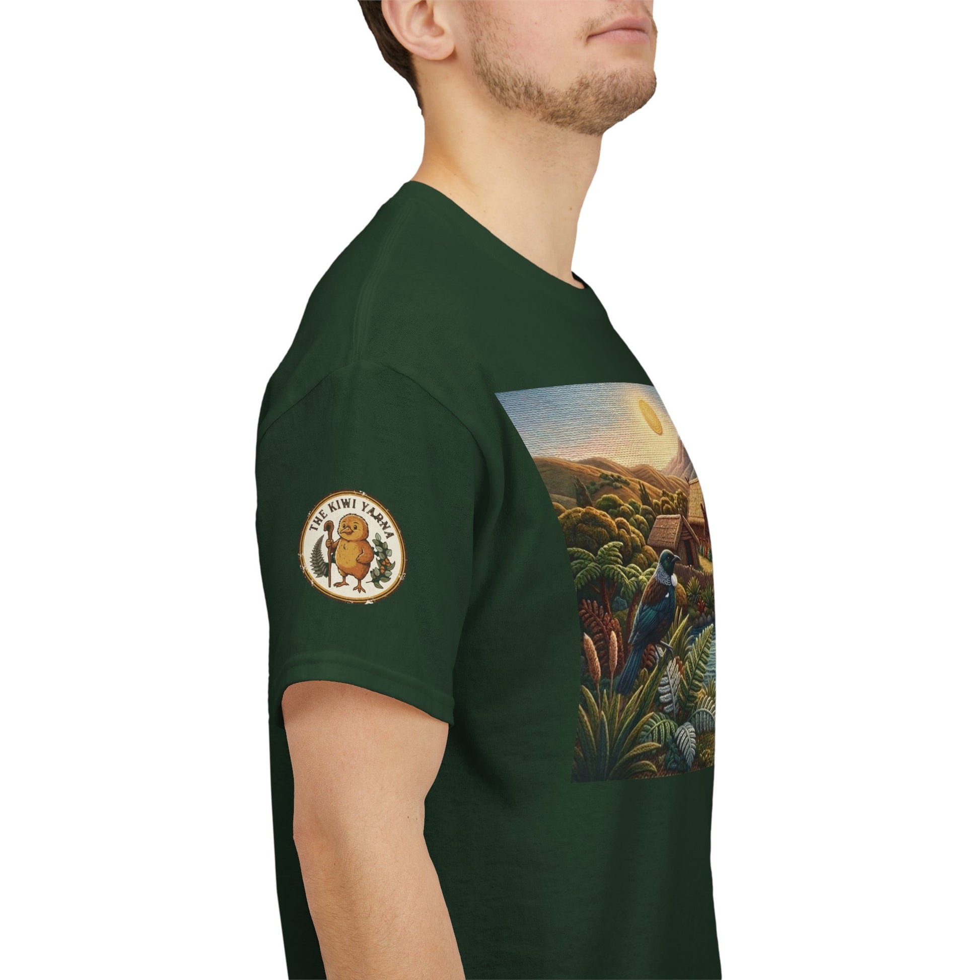 Dark green T-shirt with sleeve circular patch and side panel landscape graphic