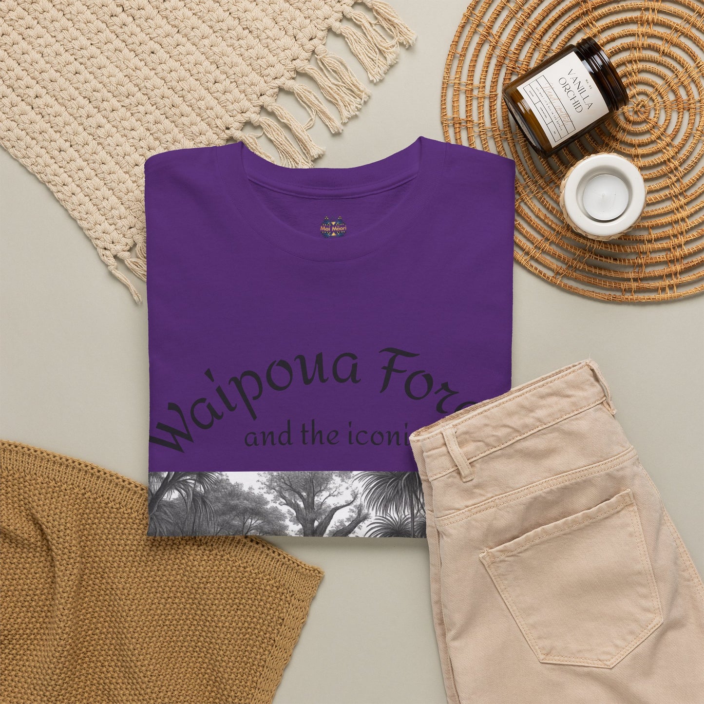 Purple crewneck T-shirt with front script text and black-and-white forest graphic