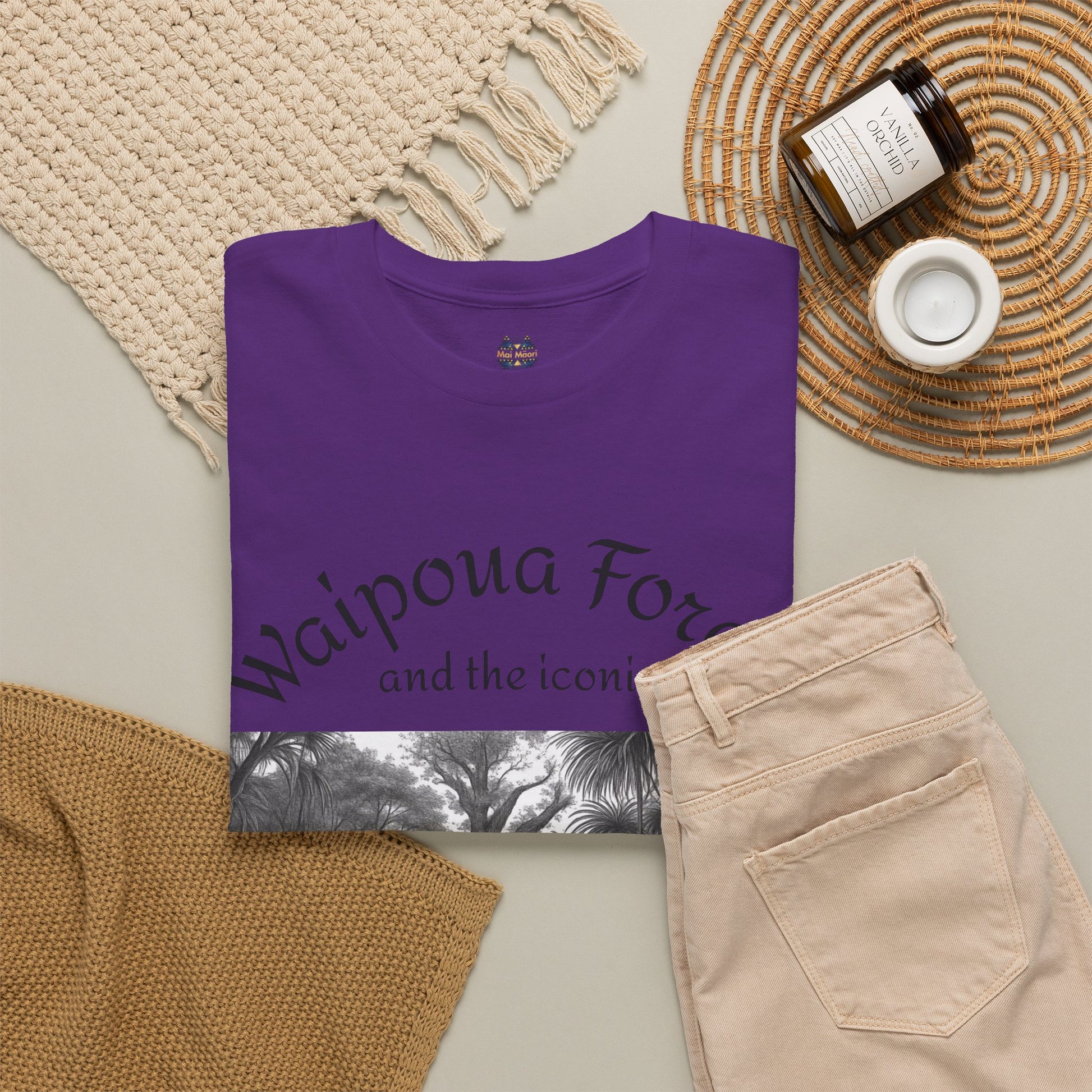 Purple crewneck T-shirt with front script text and black-and-white forest graphic