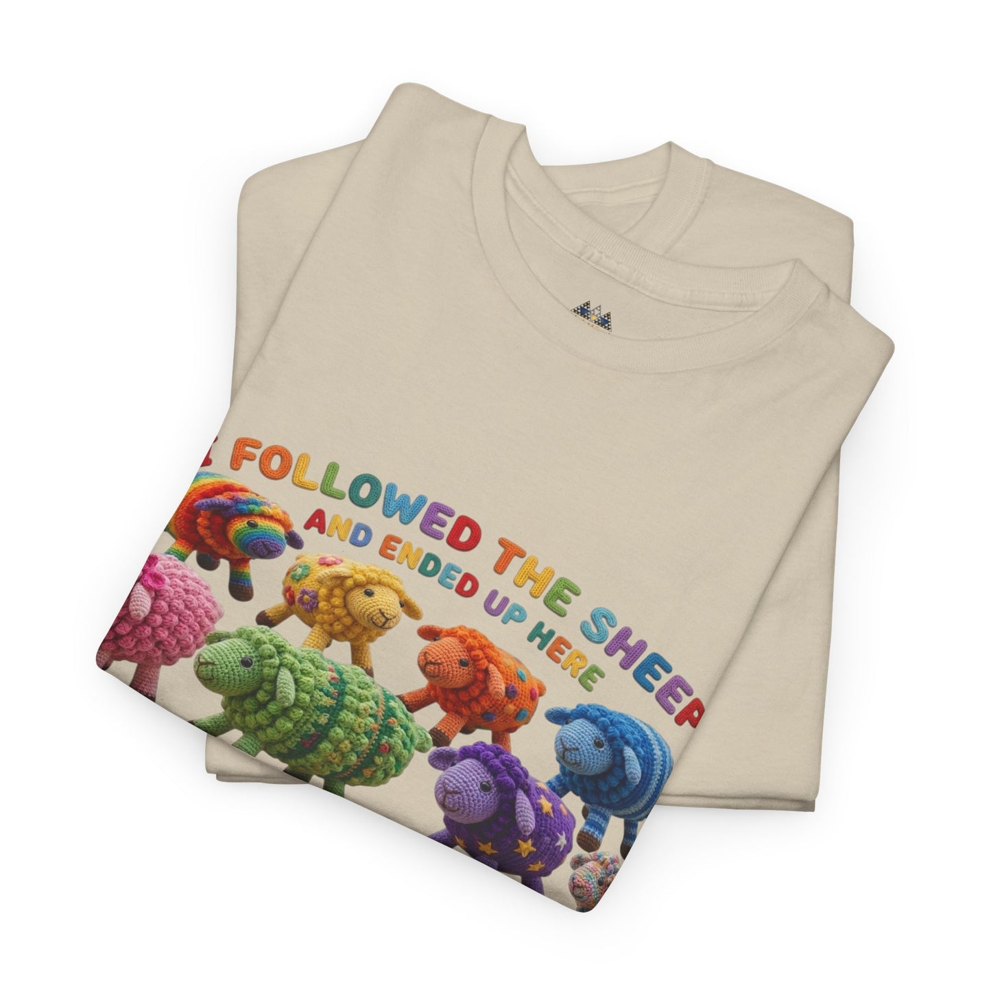 Natural crew-neck T-shirt with colorful sheep illustration on front