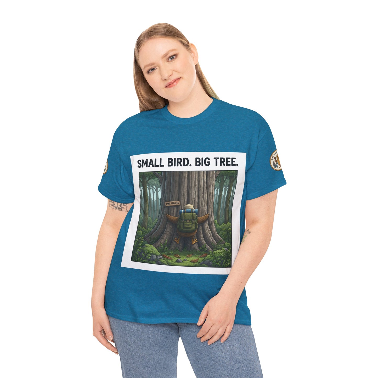 Teal short-sleeve T-shirt with "SMALL BIRD. BIG TREE." front tree scene print
