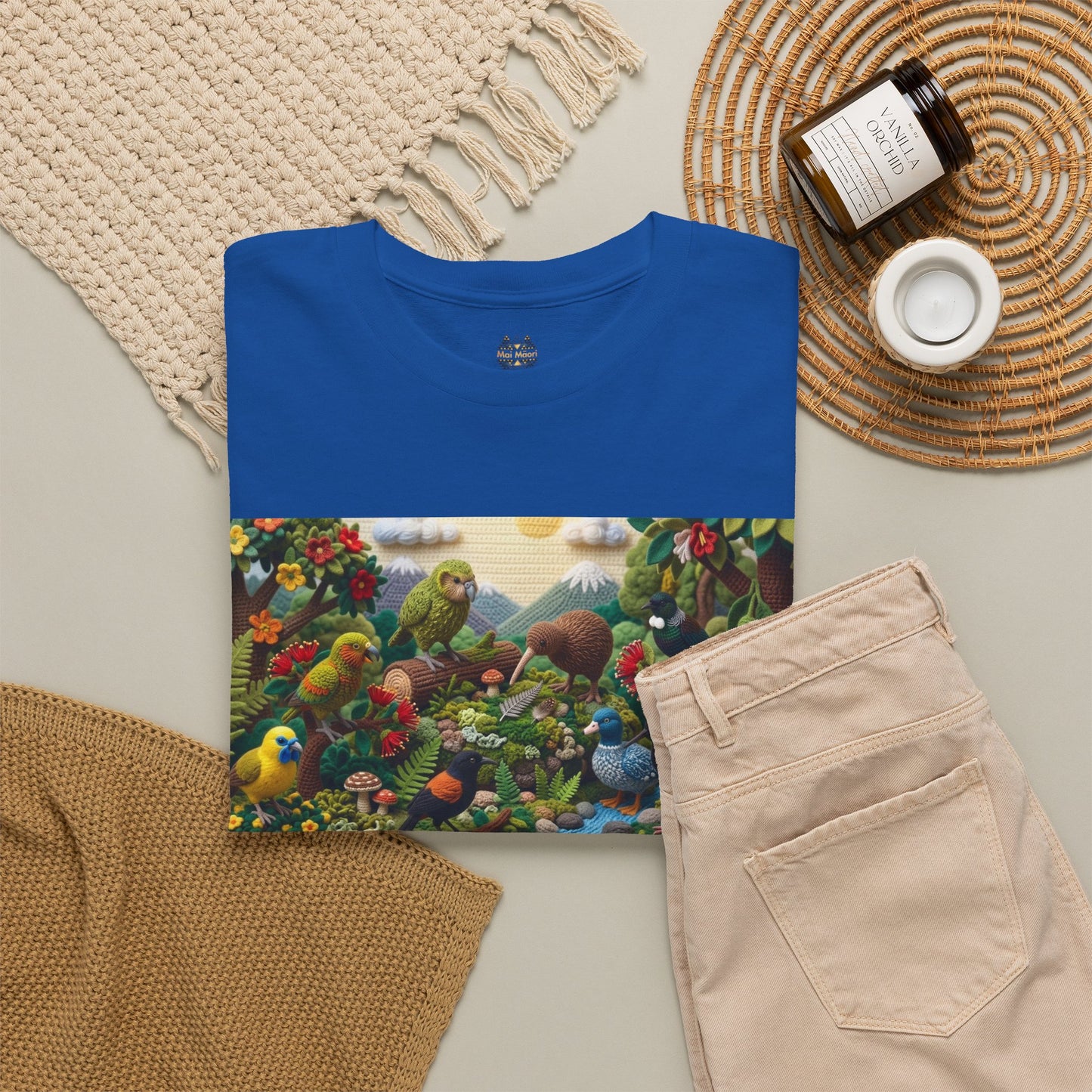 Blue graphic T-shirt with bird scene panel; shown with light beige pants