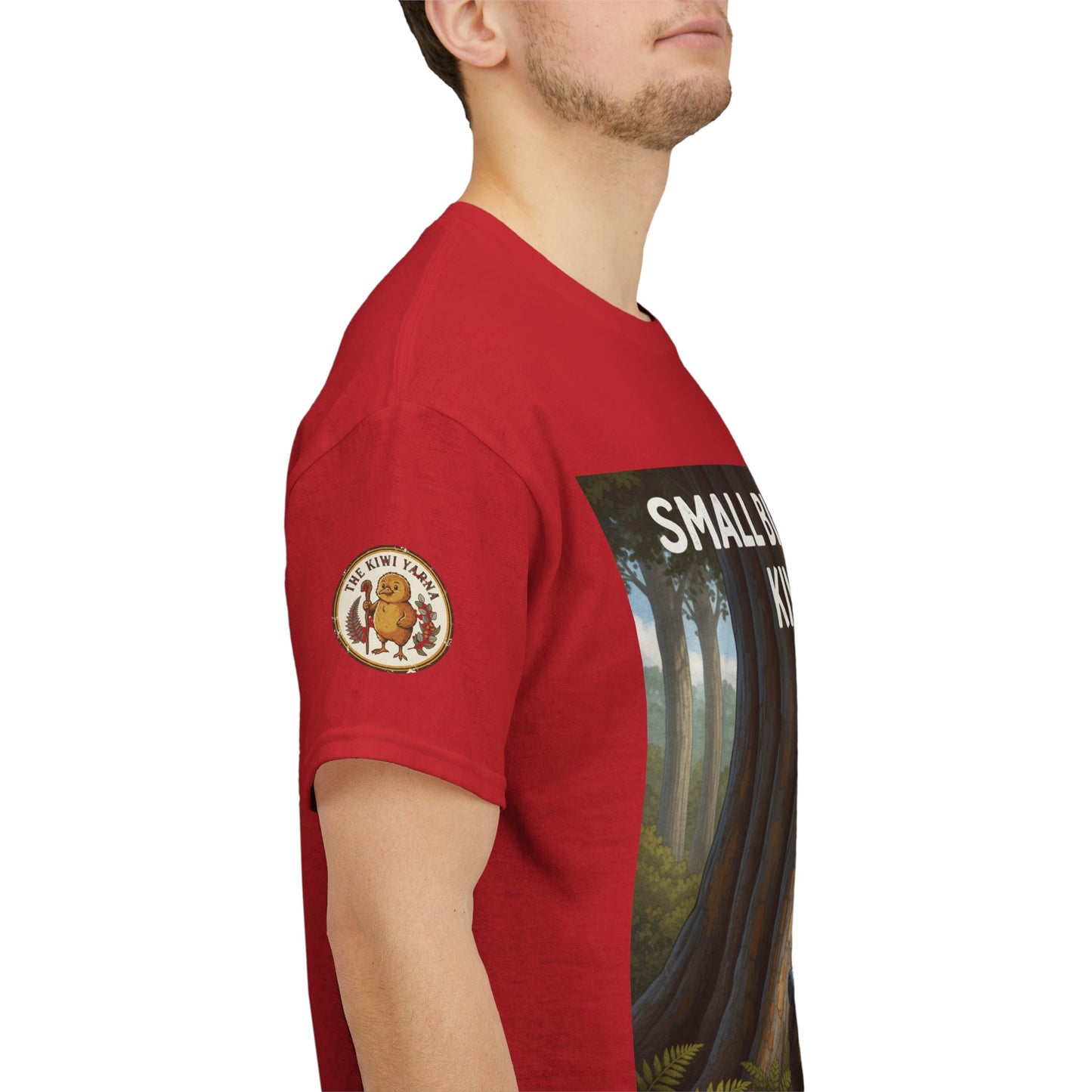 Red crew T-shirt with left sleeve patch and side view of 'Kiwi Style' graphic.