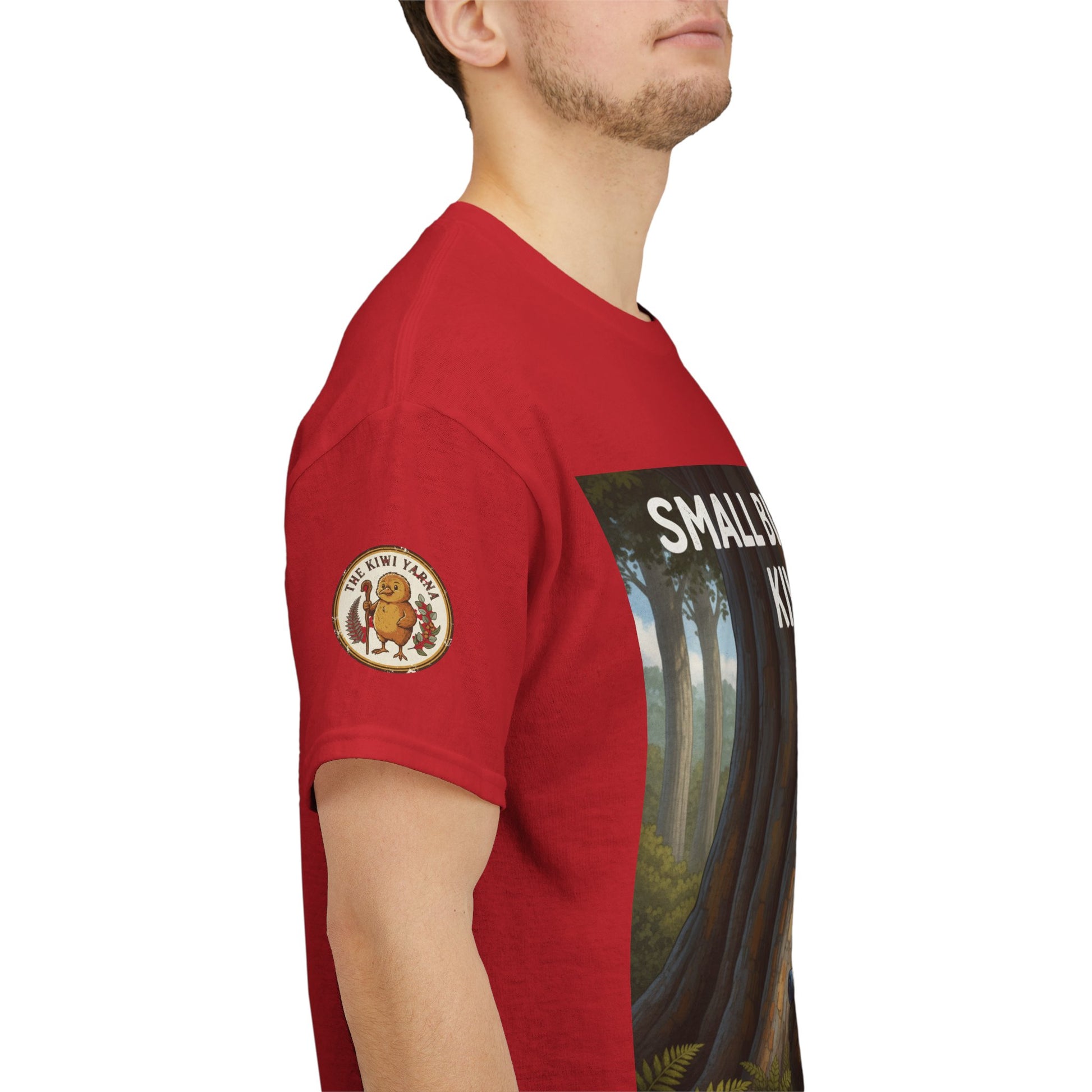 Red crew T-shirt with left sleeve patch and side view of 'Kiwi Style' graphic.