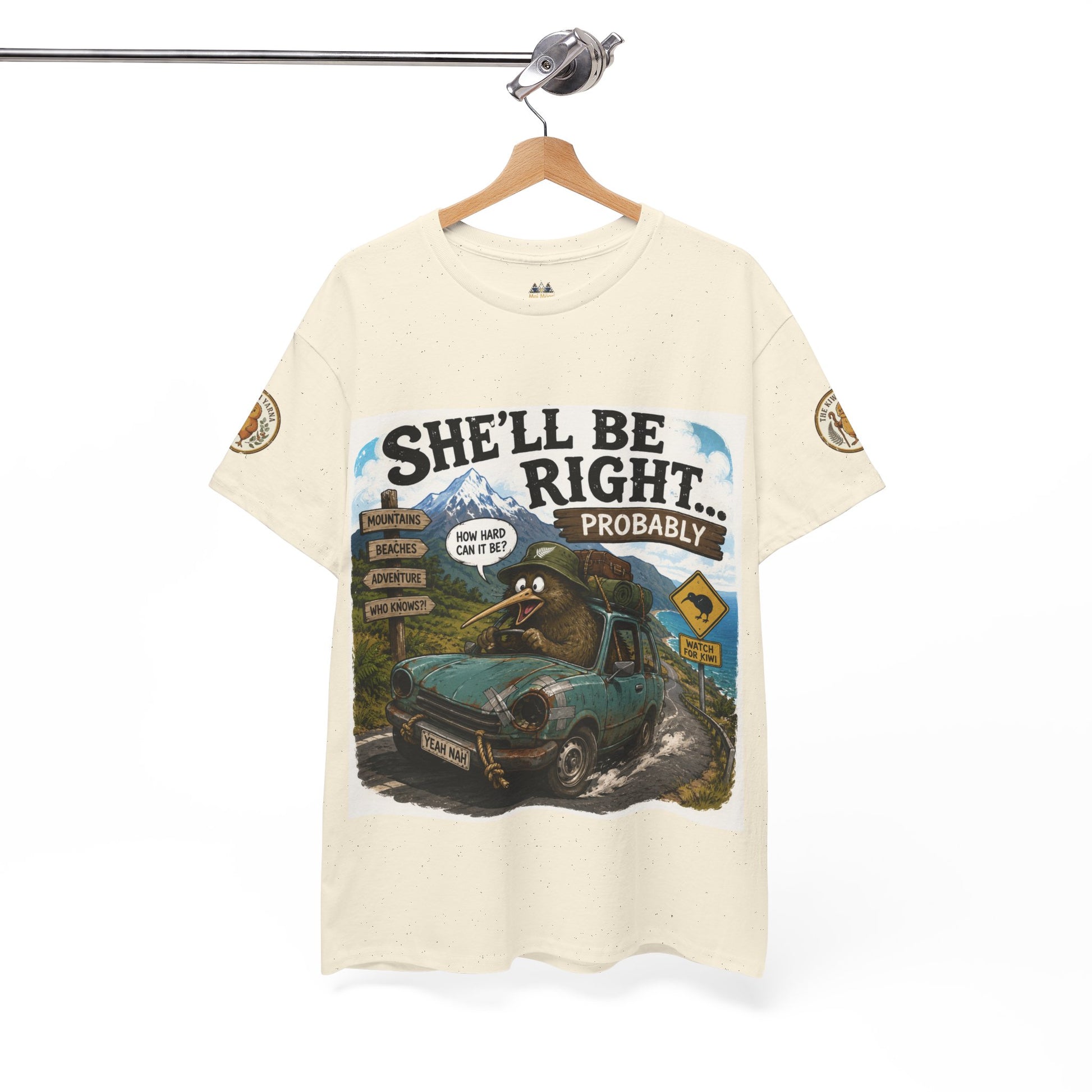 Light beige graphic T-shirt on hanger, front truck scene print