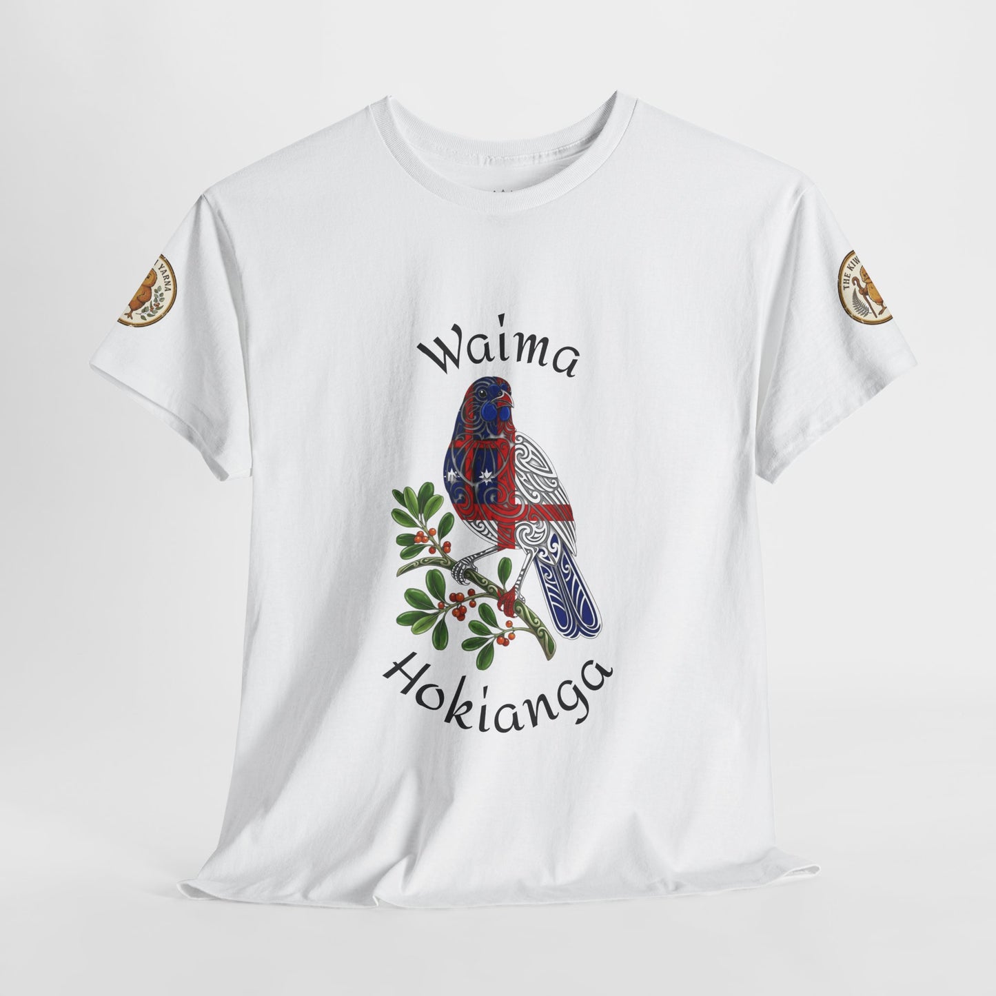 White crewneck graphic t-shirt with bird illustration, leafy accents, and sleeve patches