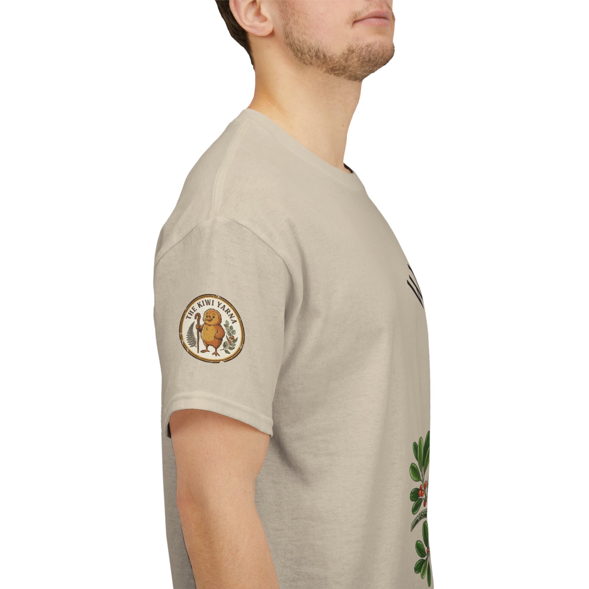 Beige T-shirt side view with circular sleeve badge