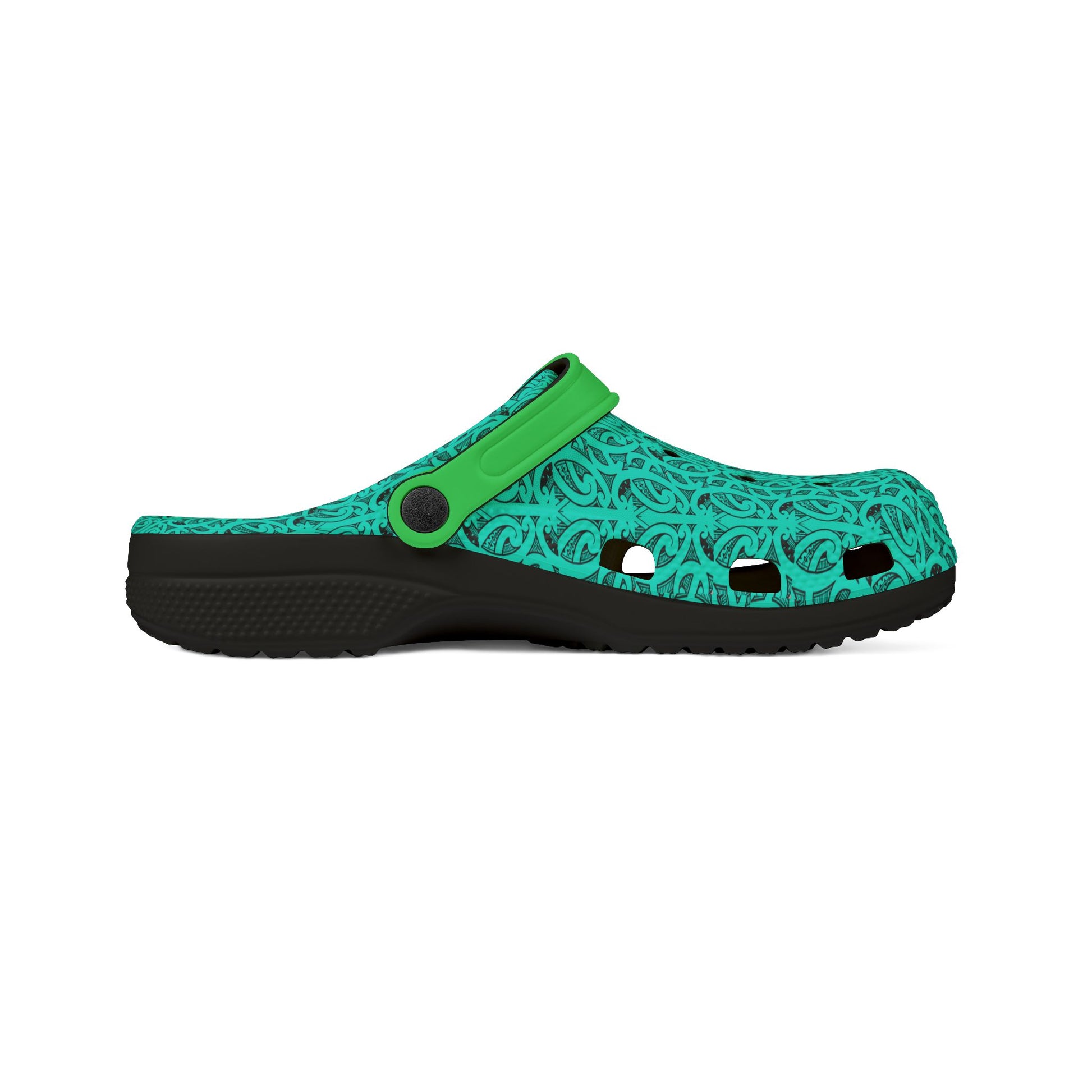 Green and teal clog sandals with black sole, side cutouts, and strap detail