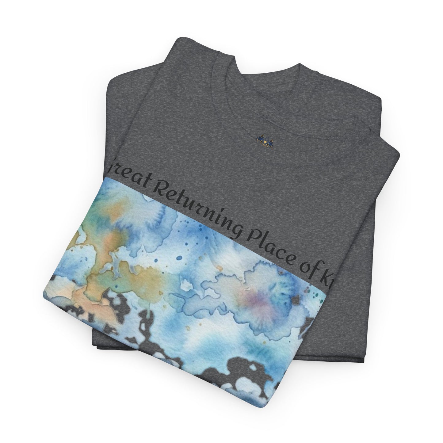 Dark heather crewneck T-shirt with watercolor shoreline and landscape graphic