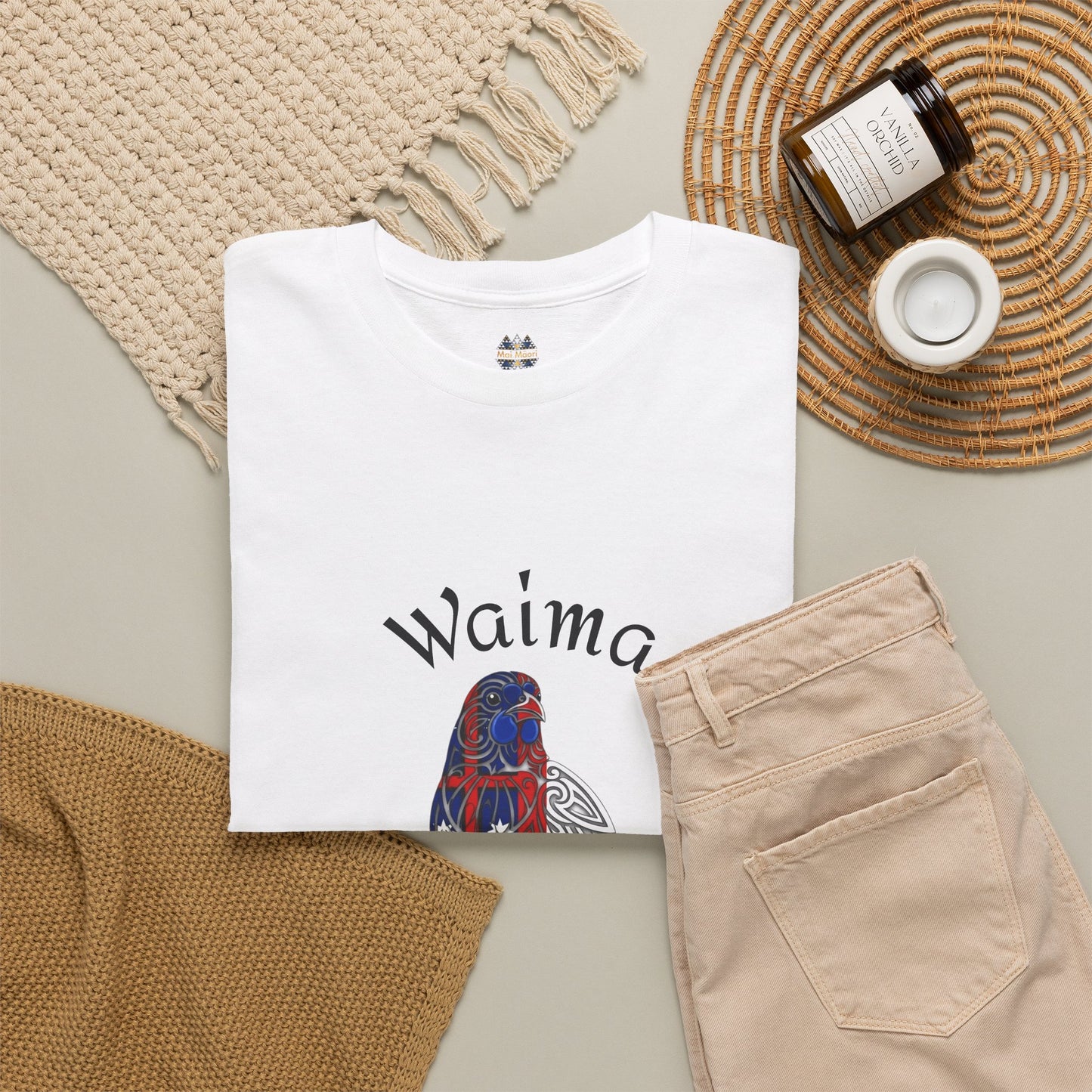 White crew-neck t-shirt with Waima bird graphic and Hokiyanga text