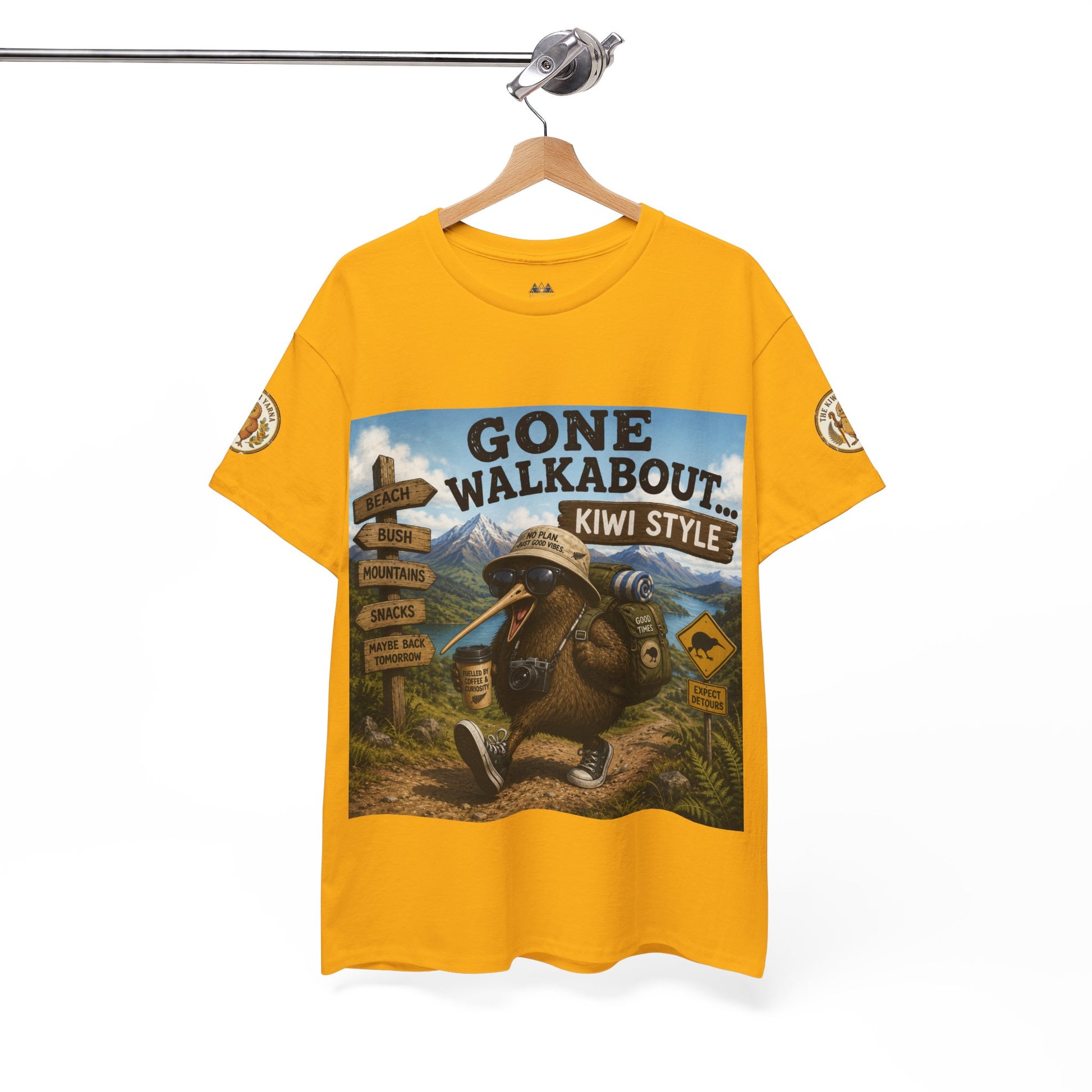 Mustard yellow graphic T-shirt with kiwi adventure front print and round crew neck