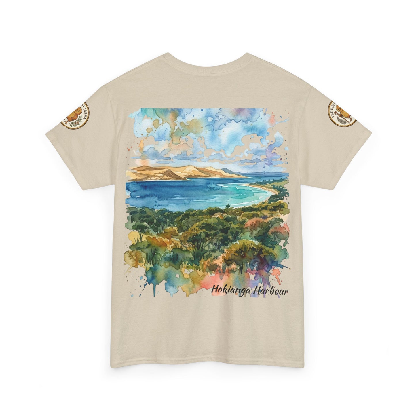 Light beige crew-neck T-shirt with watercolor coastal landscape front print