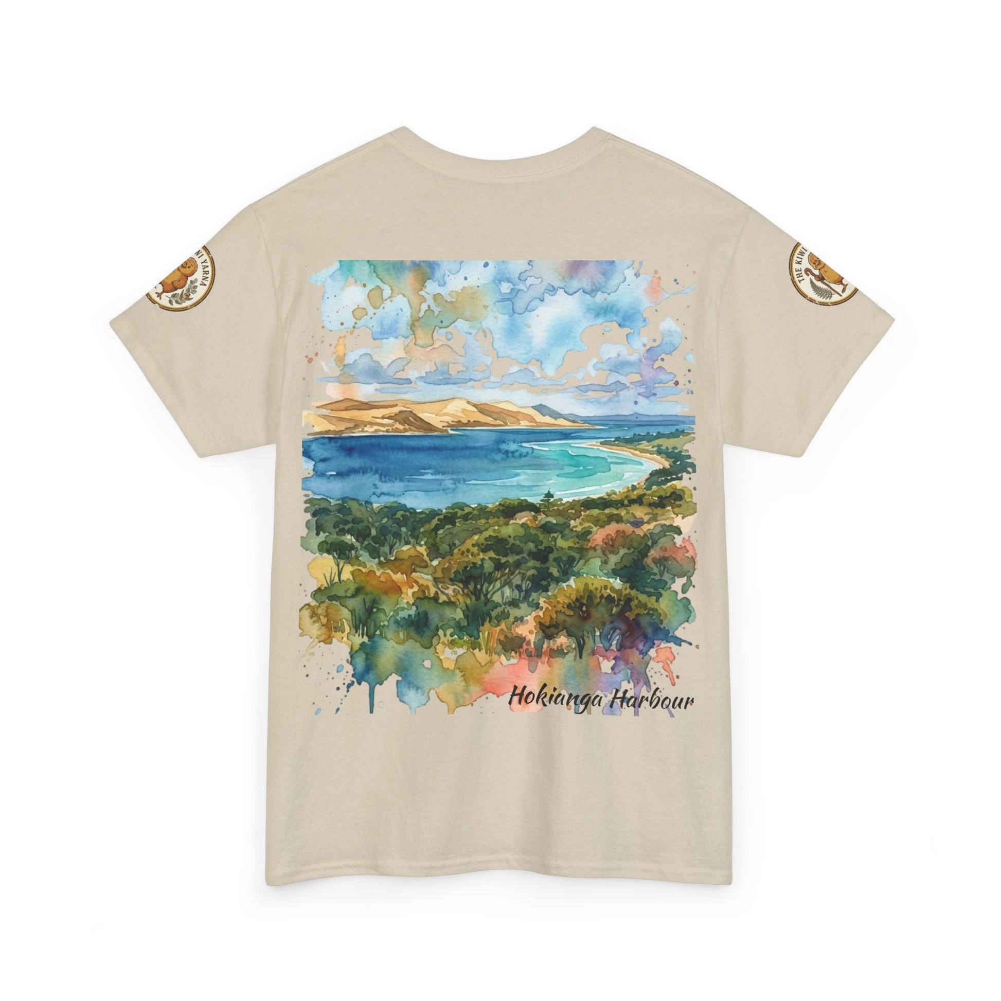 Light beige crew-neck T-shirt with watercolor coastal landscape front print