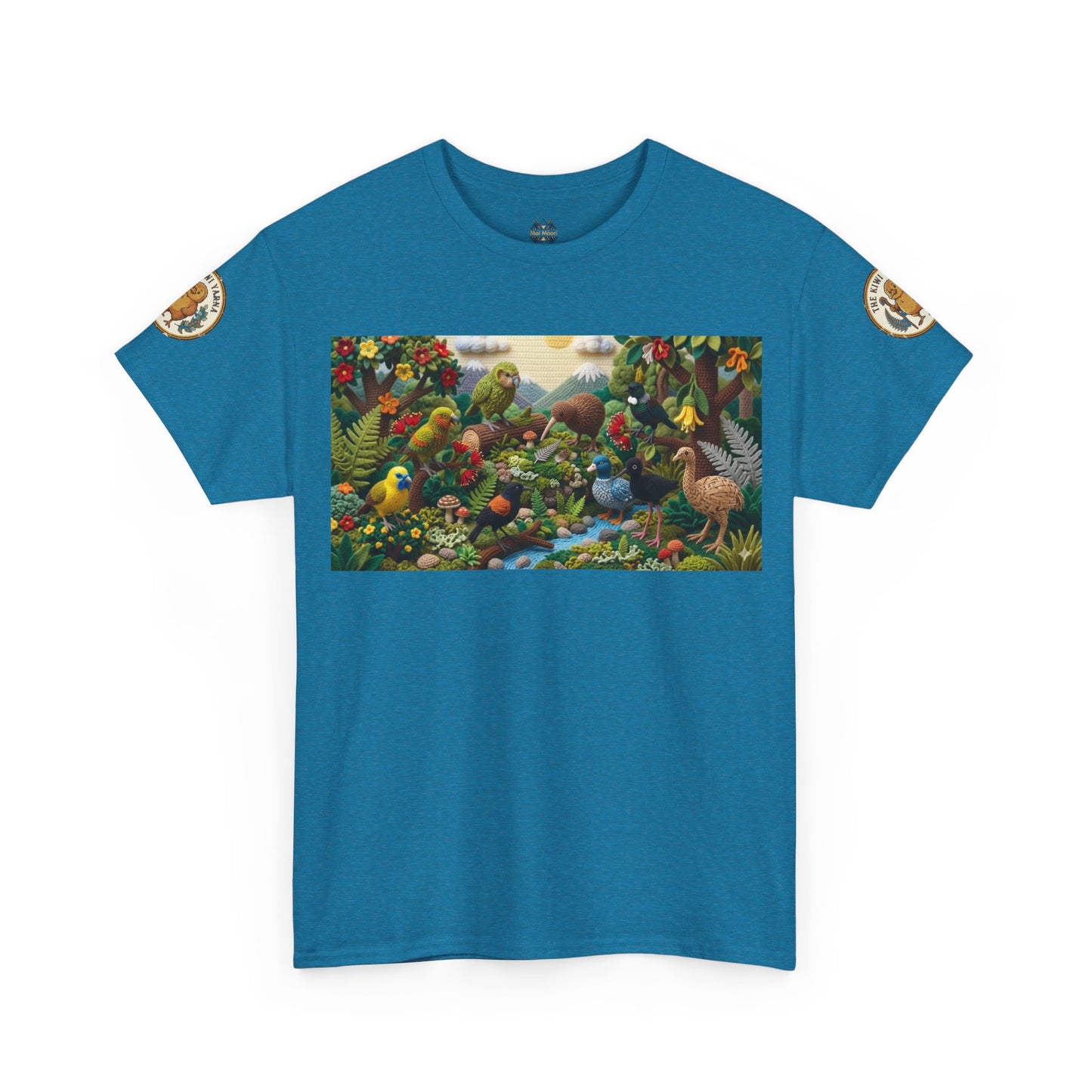 Blue graphic T-shirt with birds-and-flowers rectangular front print and small sleeve badges