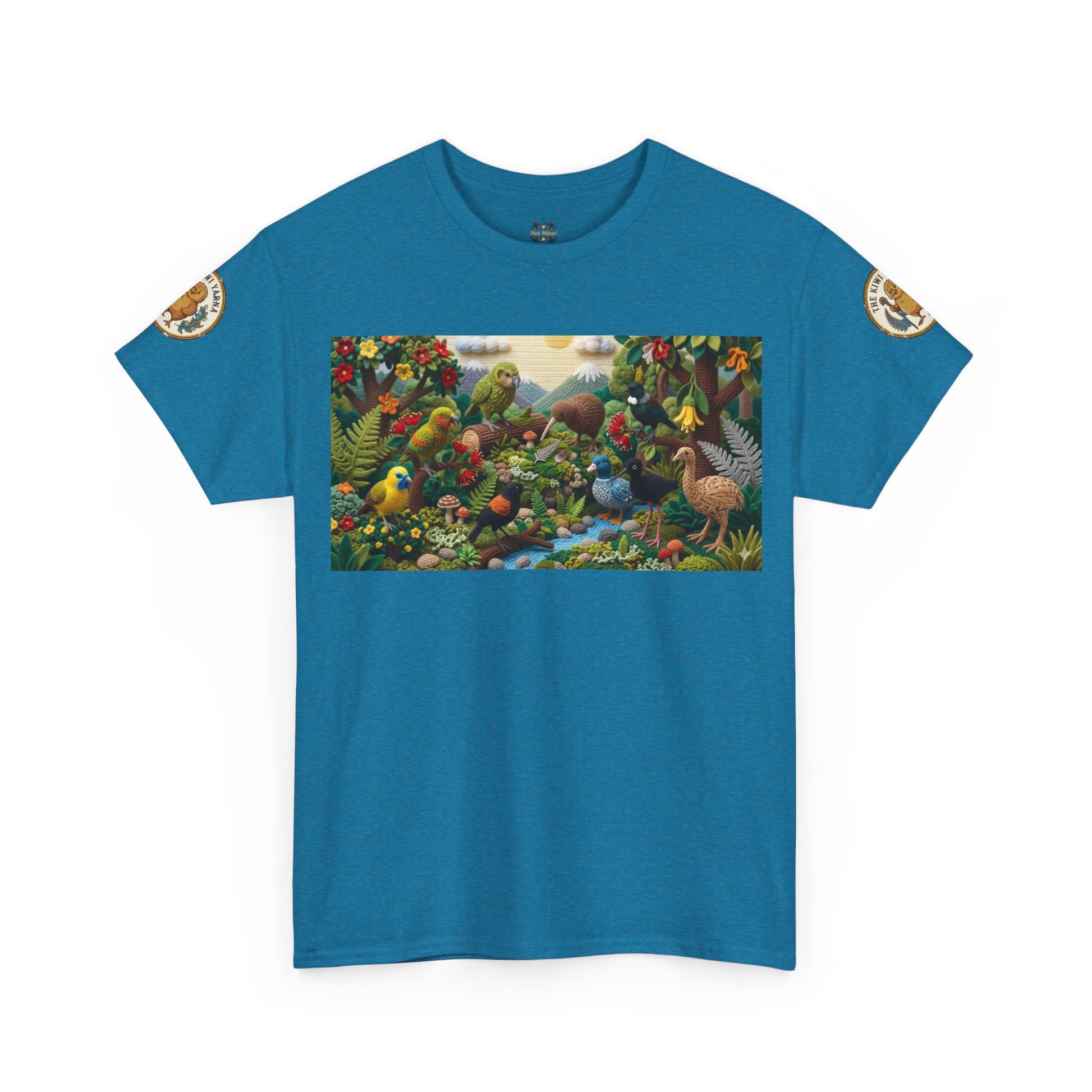Blue graphic T-shirt with birds-and-flowers rectangular front print and small sleeve badges