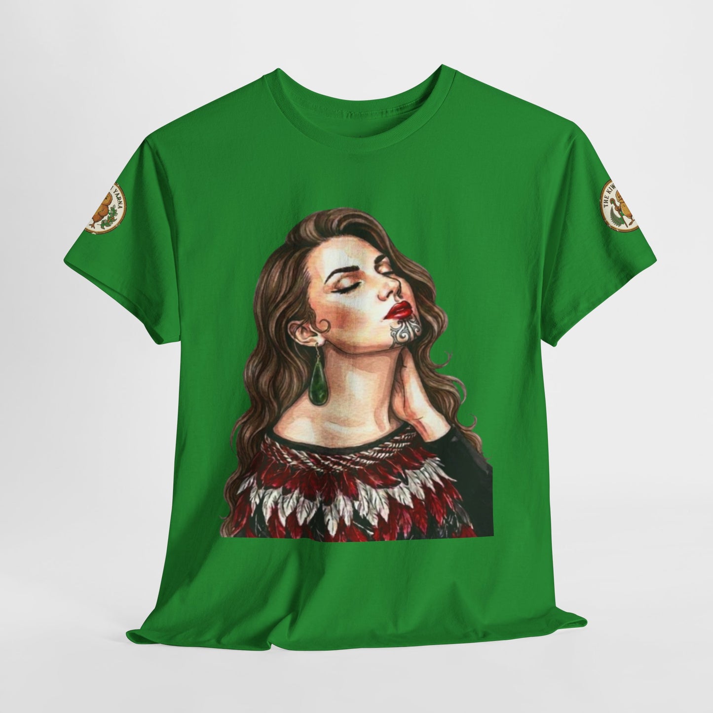 Green crew-neck graphic T-shirt with full front woman portrait print and round sleeve logos