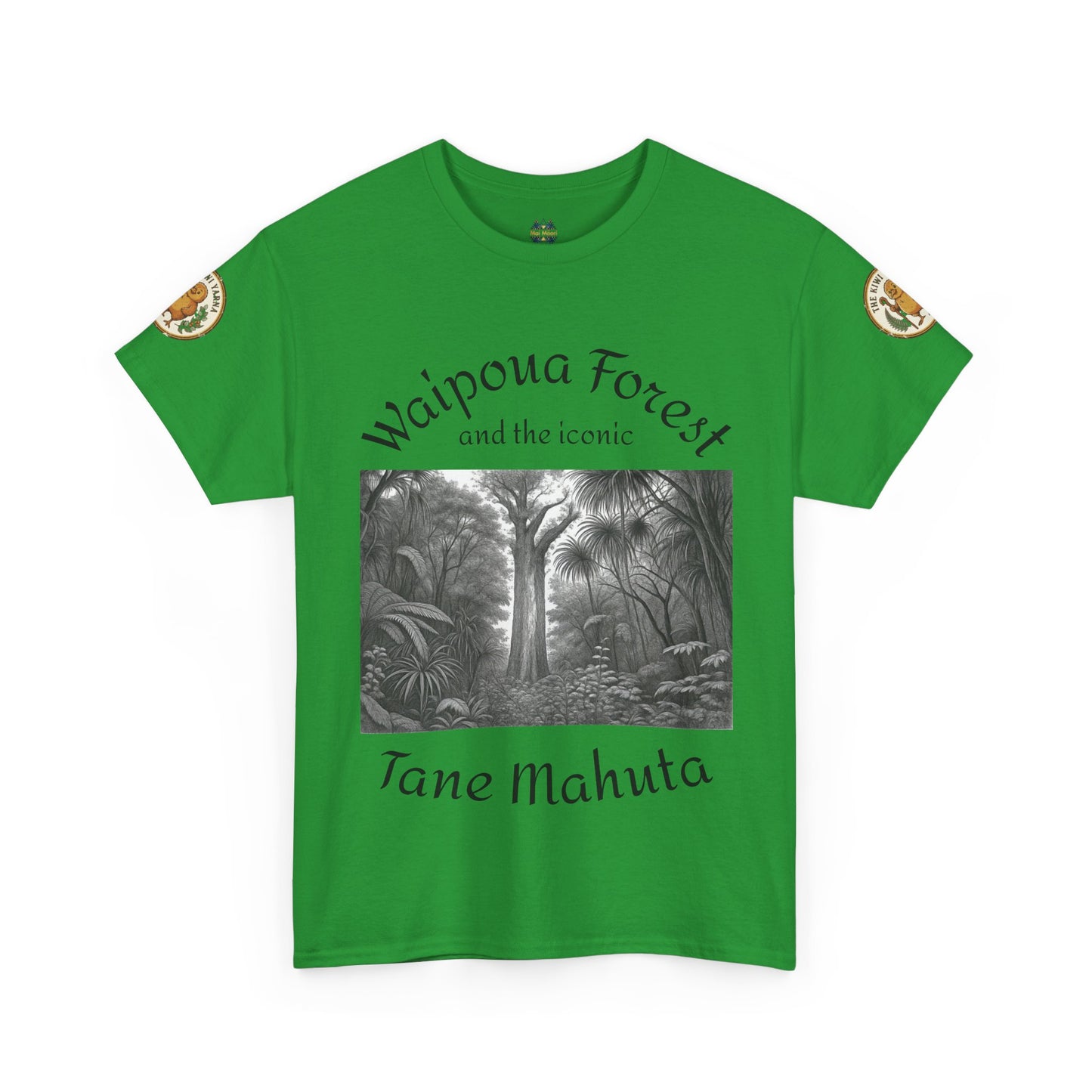 Bright green T-shirt with front forest graphic and sleeve patches, crew neck.