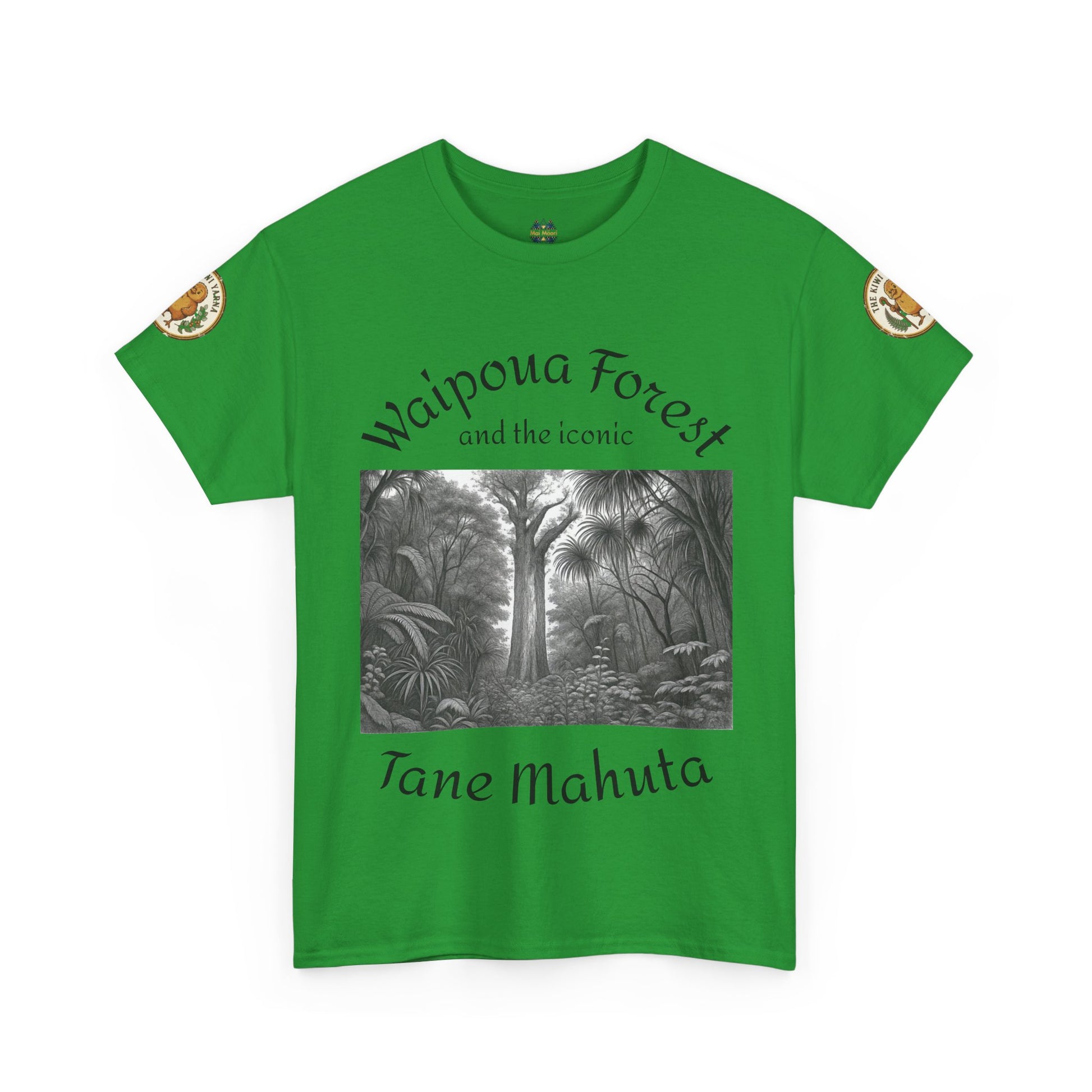 Bright green T-shirt with front forest graphic and sleeve patches, crew neck.