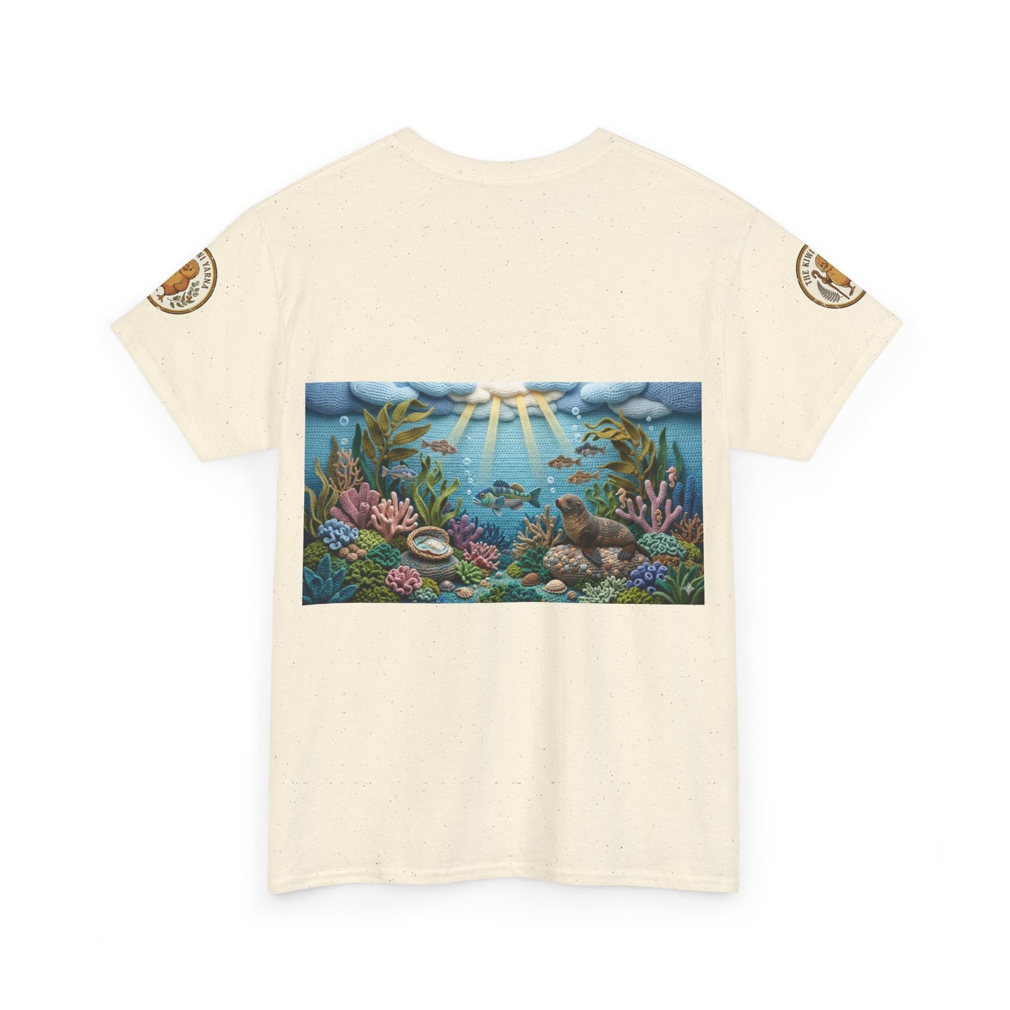 Natural off-white graphic T-shirt with ocean reef fish print and crew neck