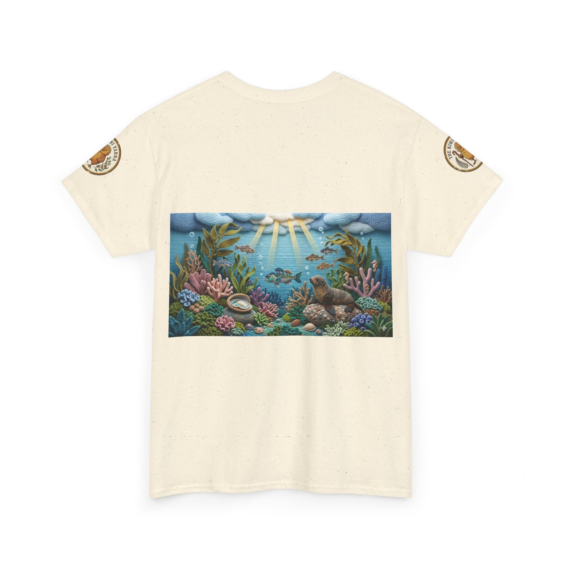 Natural off-white graphic T-shirt with ocean reef fish print and crew neck