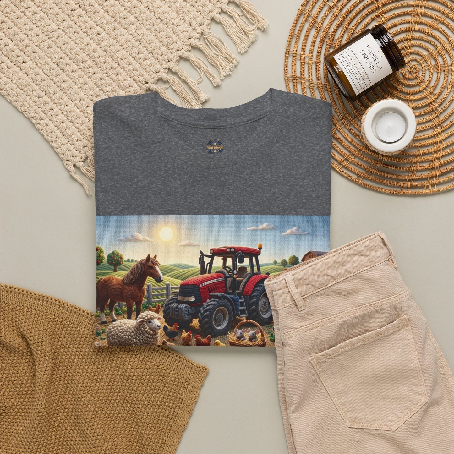 Heather gray crewneck T-shirt with farm tractor and animals graphic panel