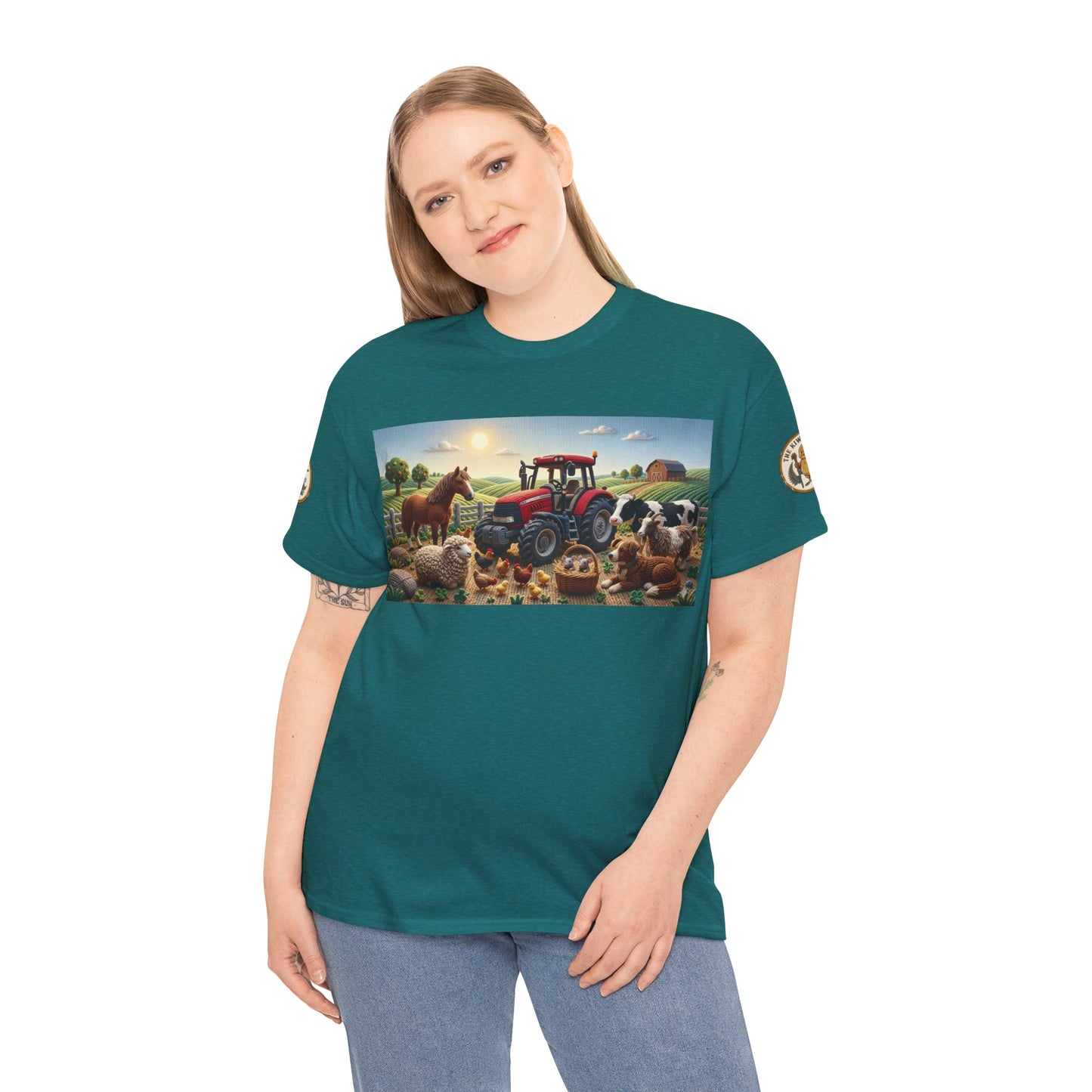 Teal T-shirt worn by model with tractor and farm animals rectangular graphic