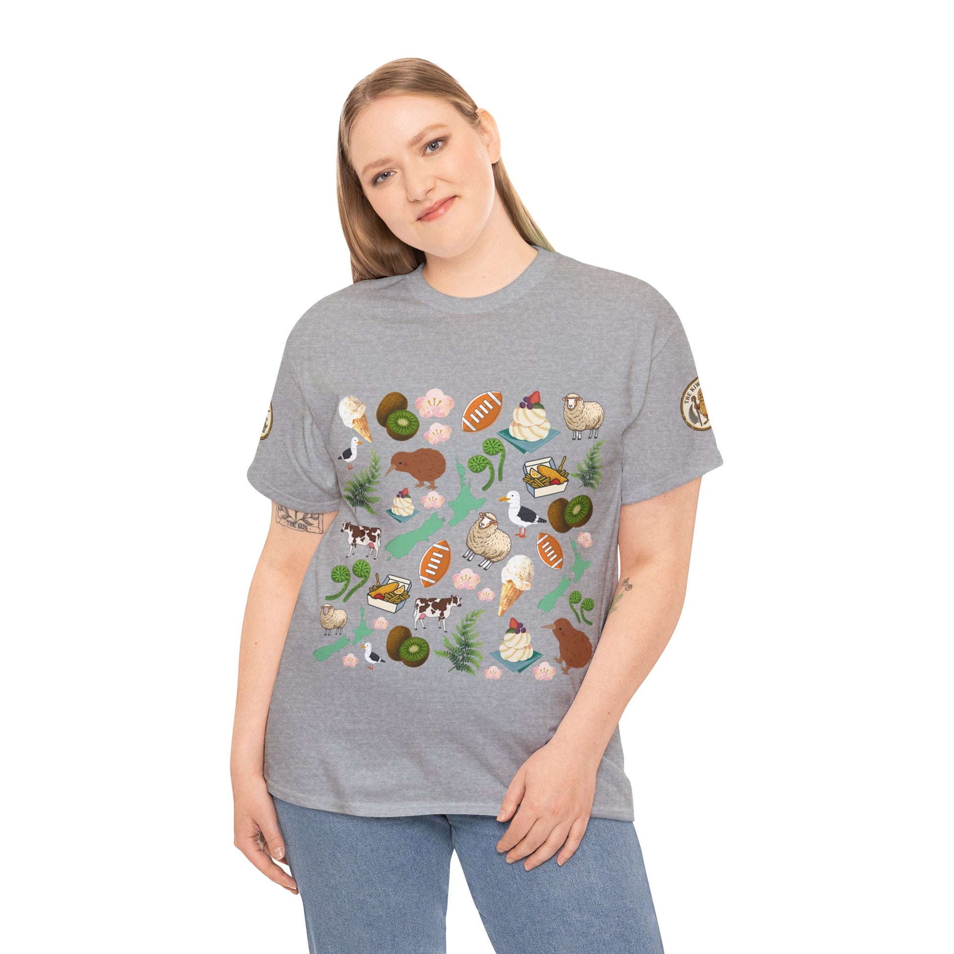Heather grey crew-neck T-shirt with Kiwiana scene print centered on the chest.