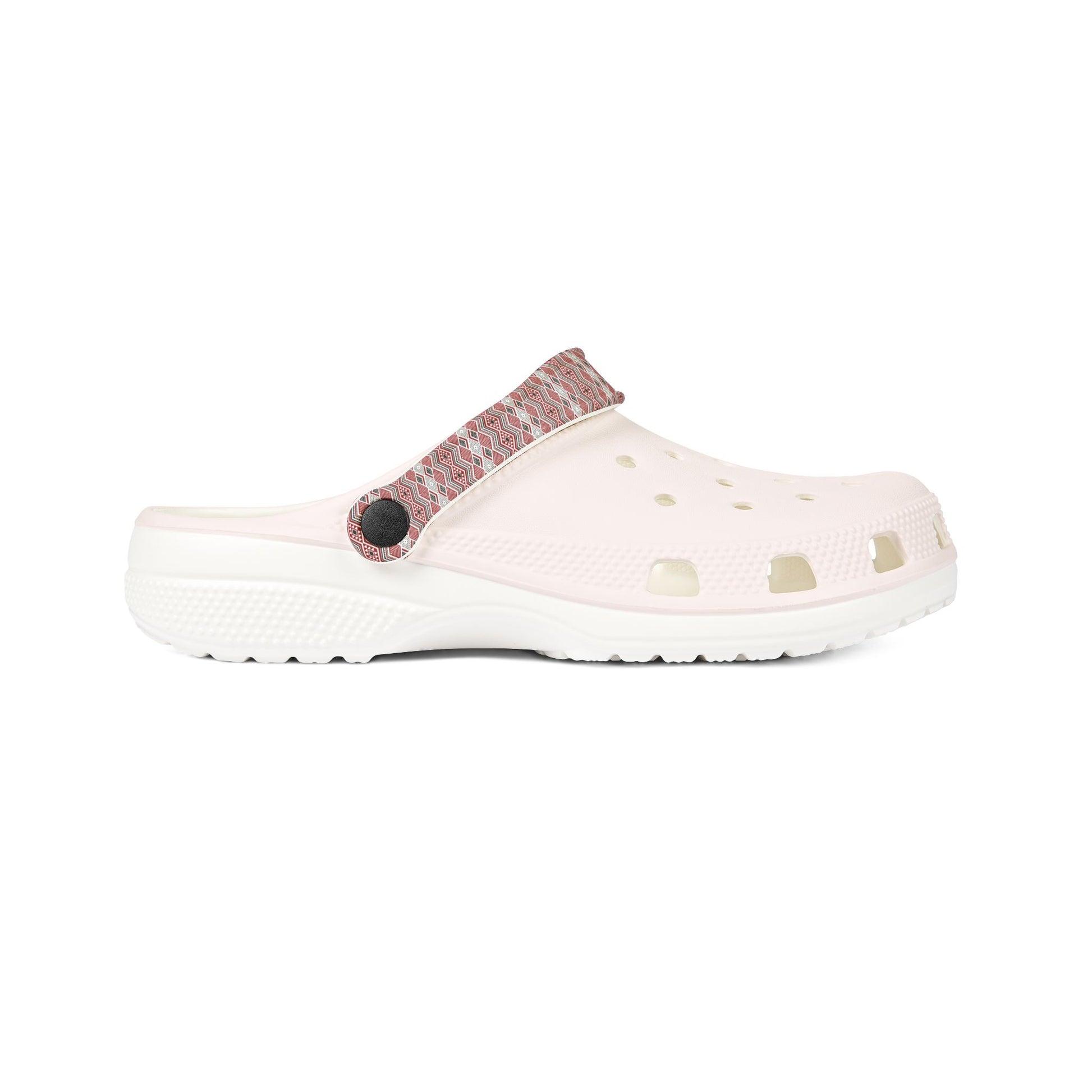 Tāniko white clog with red-and-white patterned strap and perforated top holes